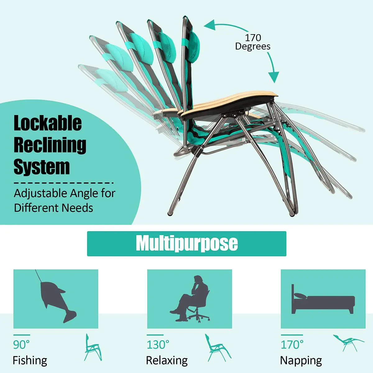 Oversize Folding Adjustable Steel Outdoor Lounge Chair in Turquoise