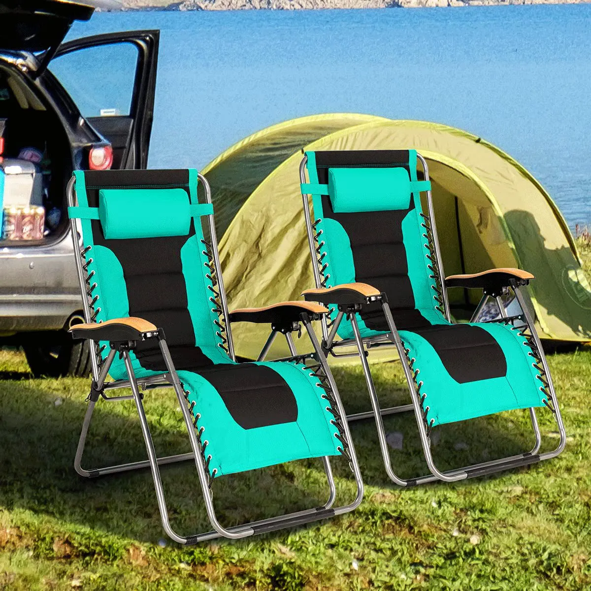 Oversize Folding Adjustable Steel Outdoor Lounge Chair in Turquoise