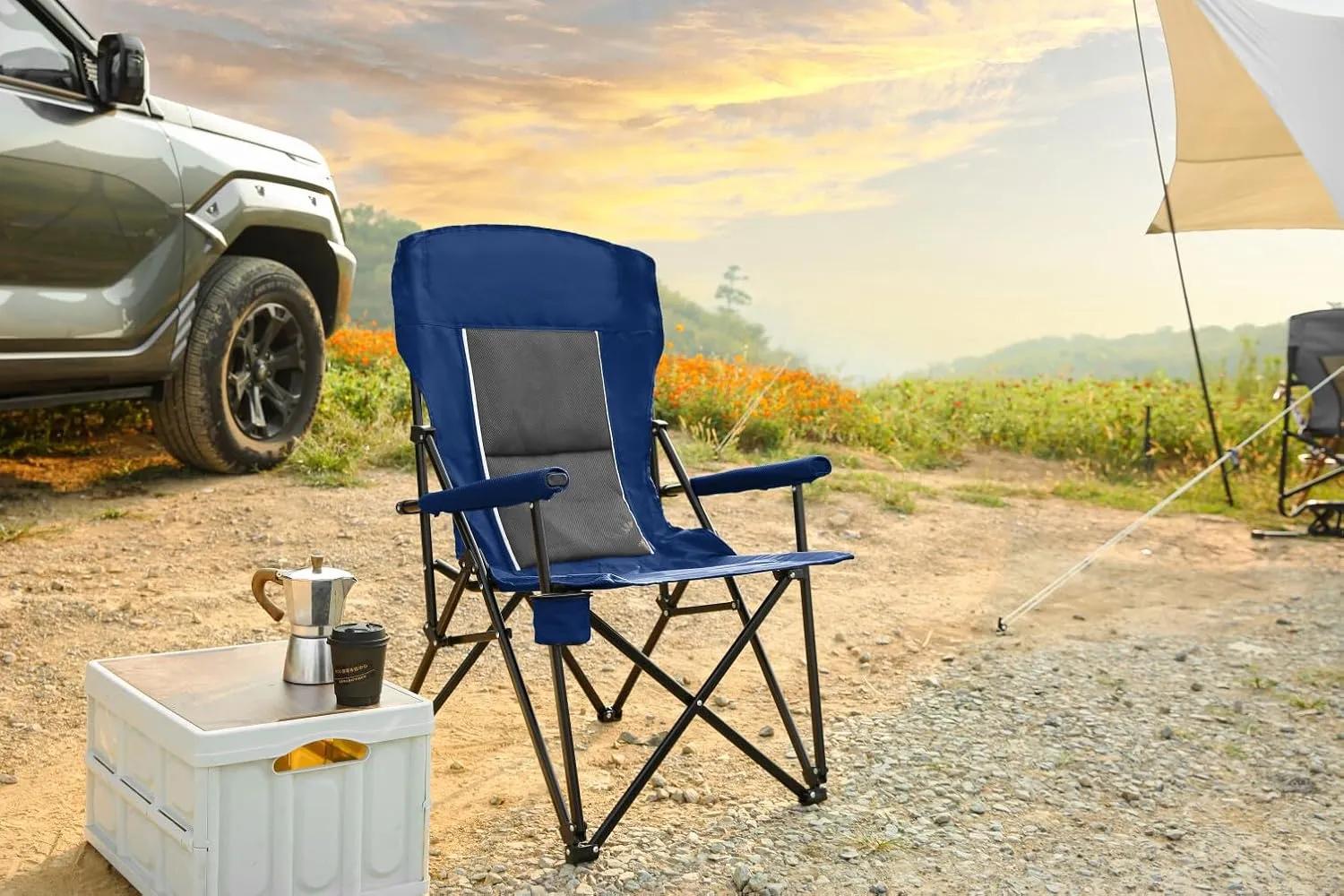 Oversized Camping Chairs, High Back Heavy Duty Lawn Chair Support 250LBS, Padded Portable Outdoor Chair with Cup Holder, Navy Blue
