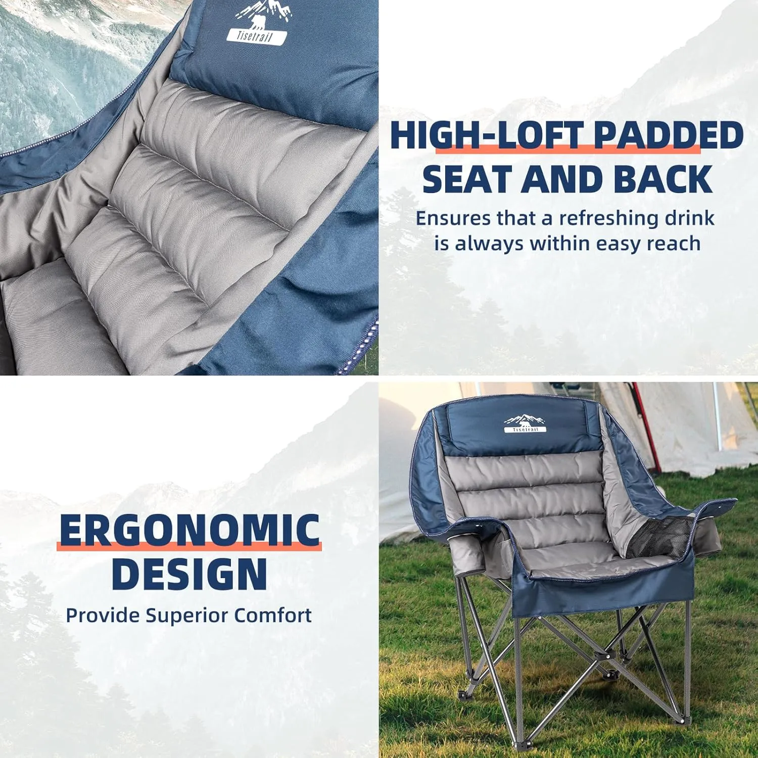 Oversized Padded Camping Chairs Outdoor Set of 2 Extra Large Camp Chairs for Adults with Side Pocket and Cup Holder, Heavy-Duty 500lbs Capacity, Blue & Gray