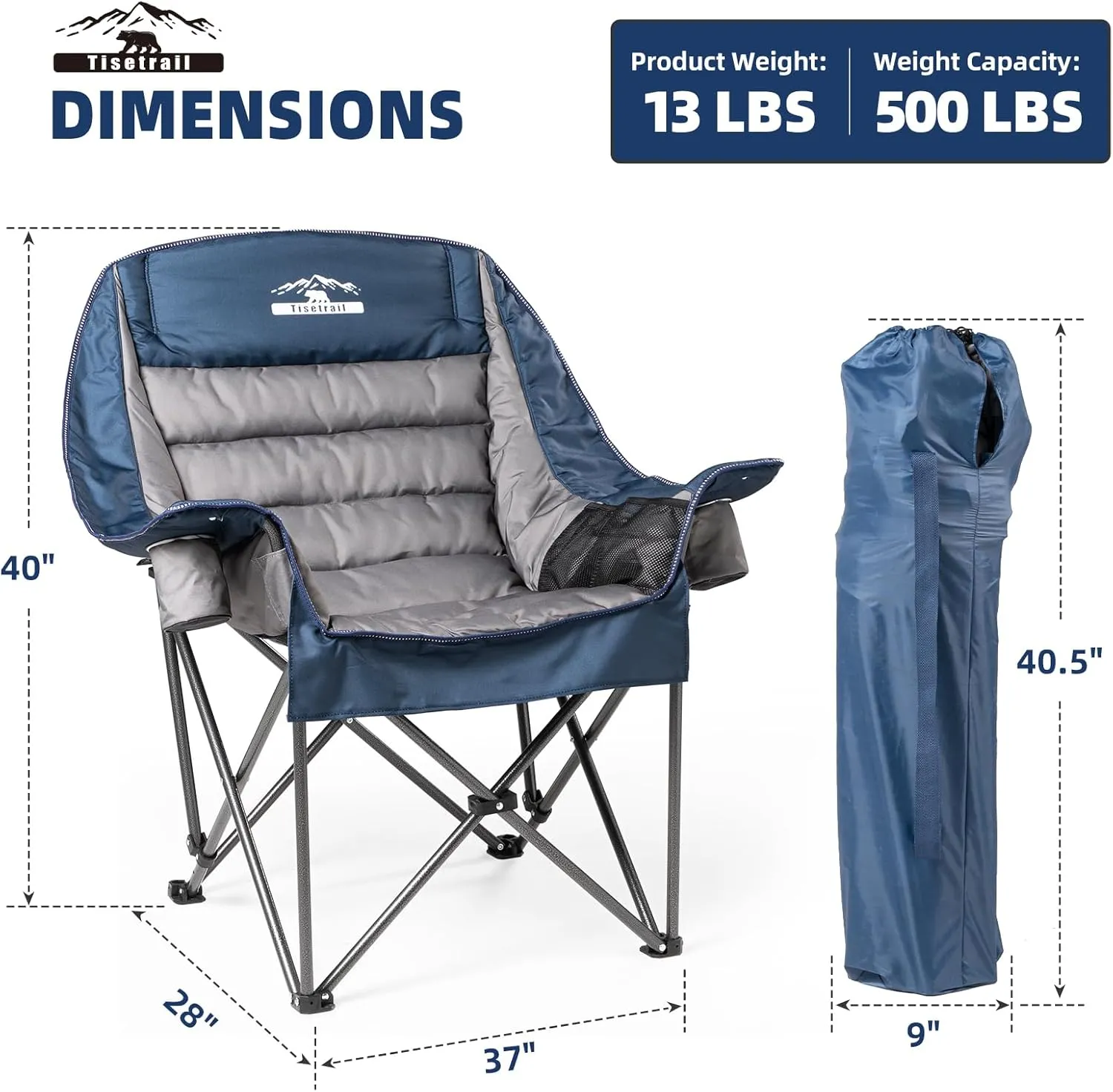 Oversized Padded Camping Chairs Outdoor Set of 2 Extra Large Camp Chairs for Adults with Side Pocket and Cup Holder, Heavy-Duty 500lbs Capacity, Blue & Gray
