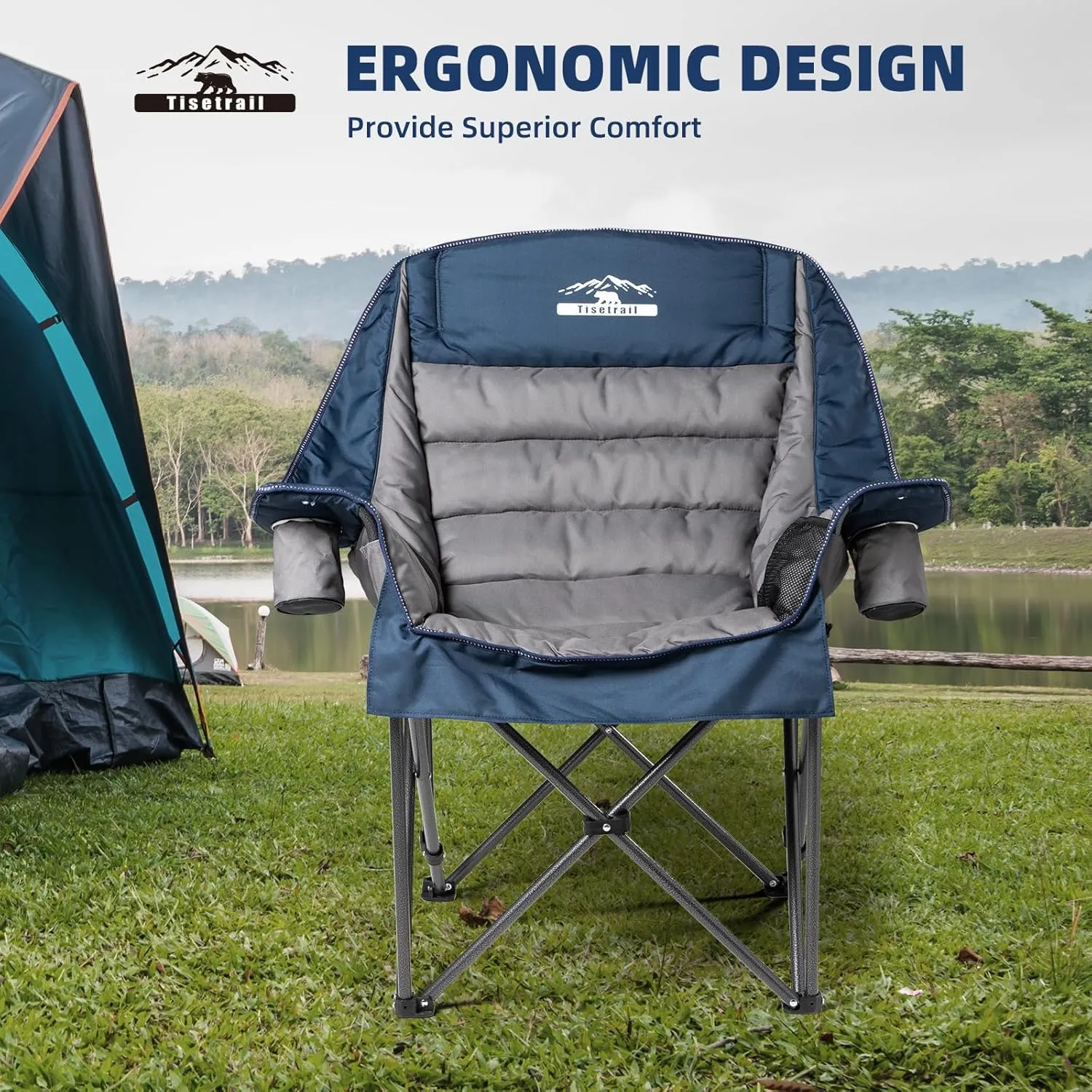 Oversized Padded Camping Chairs Outdoor Set of 2 Extra Large Camp Chairs for Adults with Side Pocket and Cup Holder, Heavy-Duty 500lbs Capacity, Blue & Gray