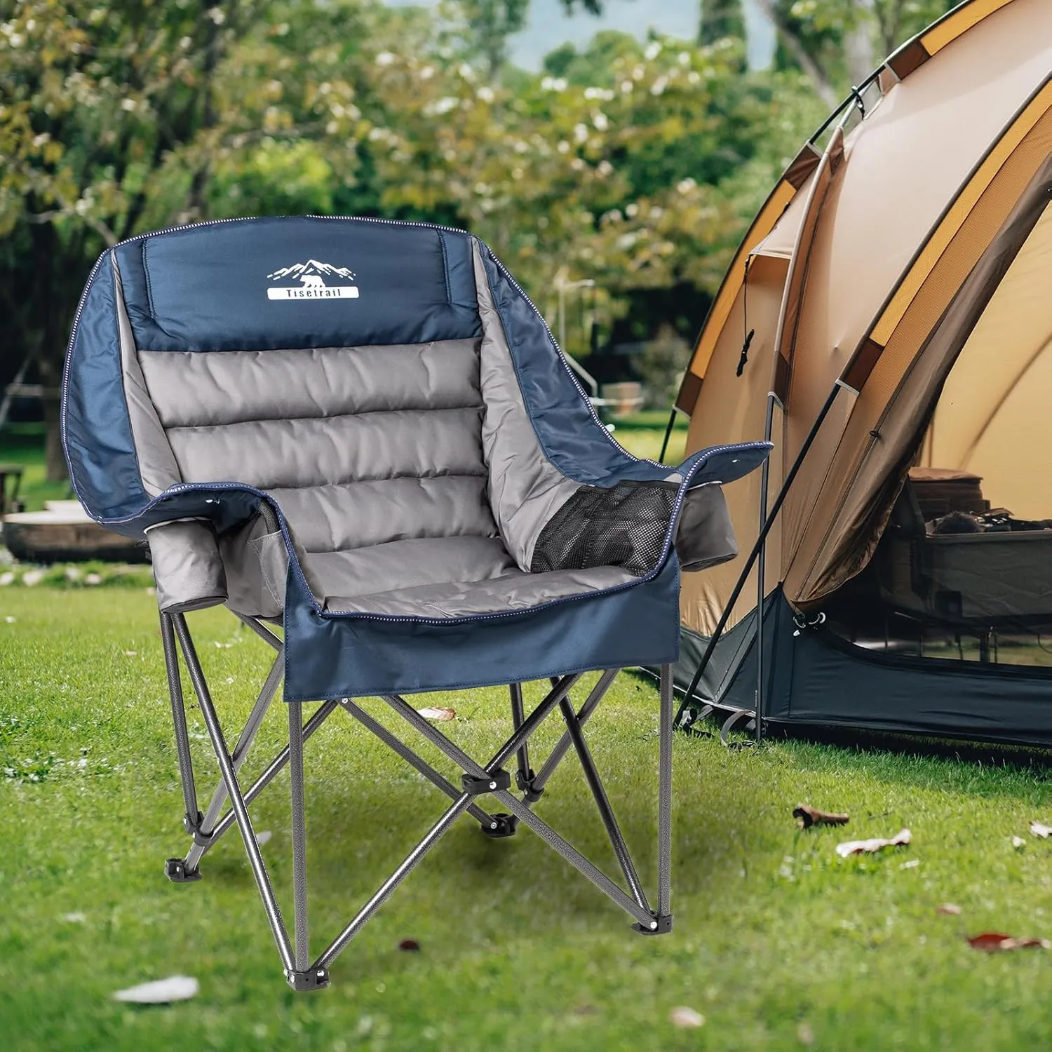 Oversized Padded Camping Chairs Outdoor Set of 2 Extra Large Camp Chairs for Adults with Side Pocket and Cup Holder, Heavy-Duty 500lbs Capacity, Blue & Gray