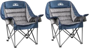 Oversized Padded Camping Chairs Outdoor Set of 2 Extra Large Camp Chairs for Adults with Side Pocket and Cup Holder, Heavy-Duty 500lbs Capacity, Blue & Gray