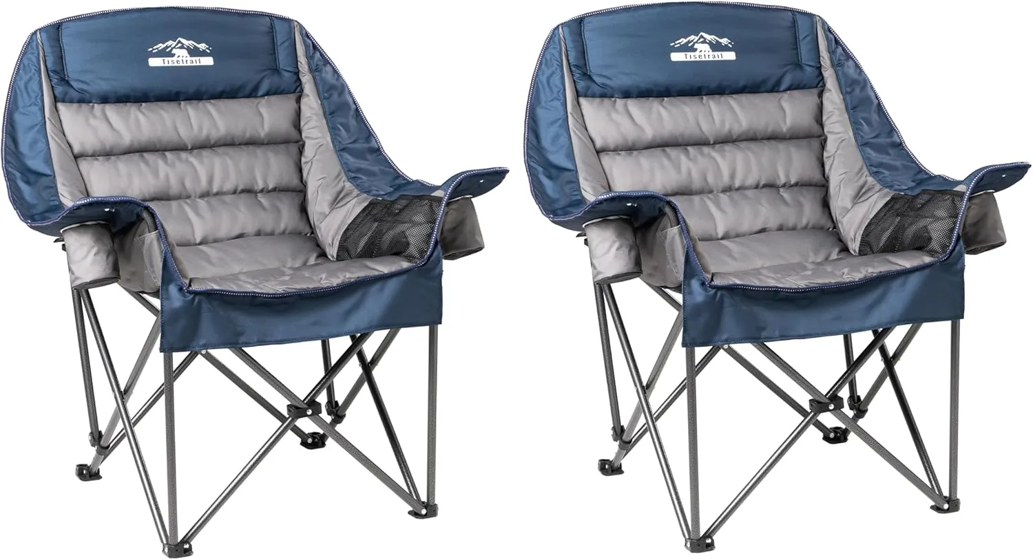 Oversized Padded Camping Chairs Outdoor Set of 2 Extra Large Camp Chairs for Adults with Side Pocket and Cup Holder, Heavy-Duty 500lbs Capacity, Blue & Gray
