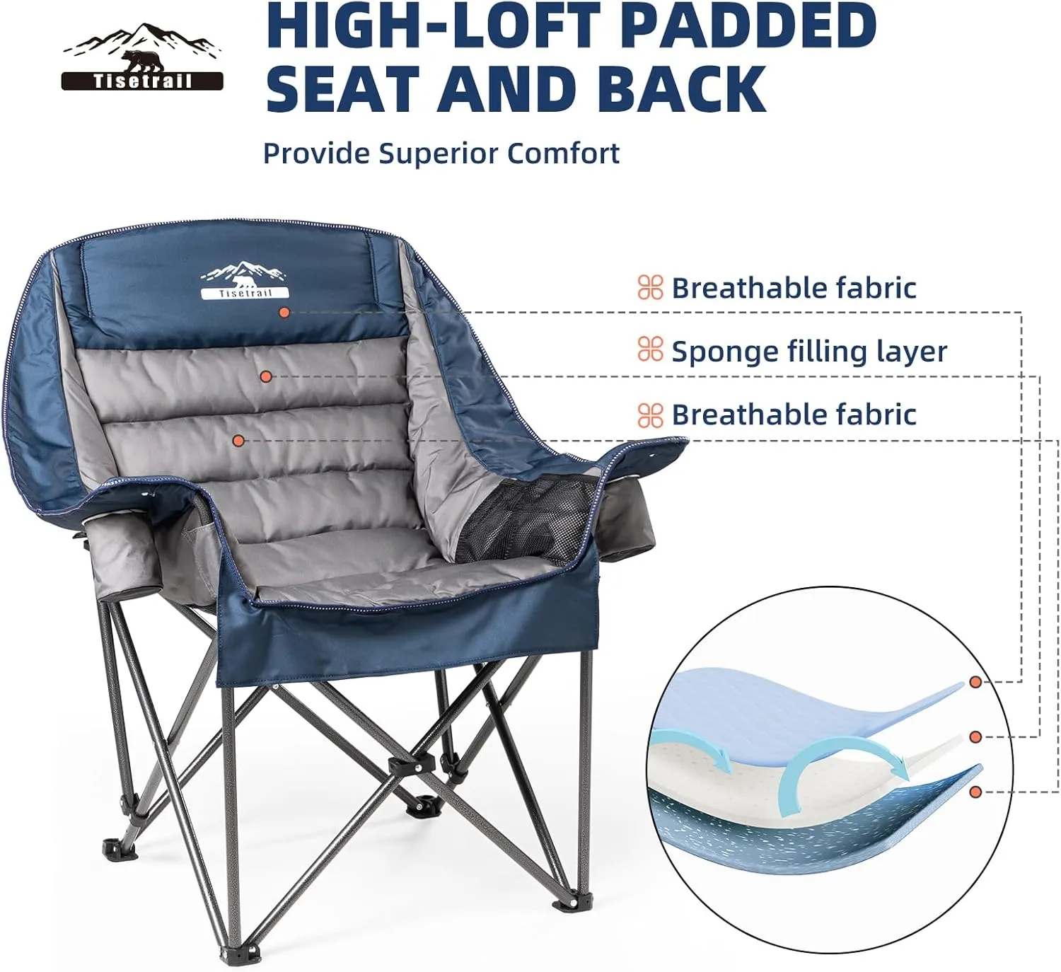 Oversized Padded Camping Chairs Outdoor Set of 2 Extra Large Camp Chairs for Adults with Side Pocket and Cup Holder, Heavy-Duty 500lbs Capacity, Blue & Gray