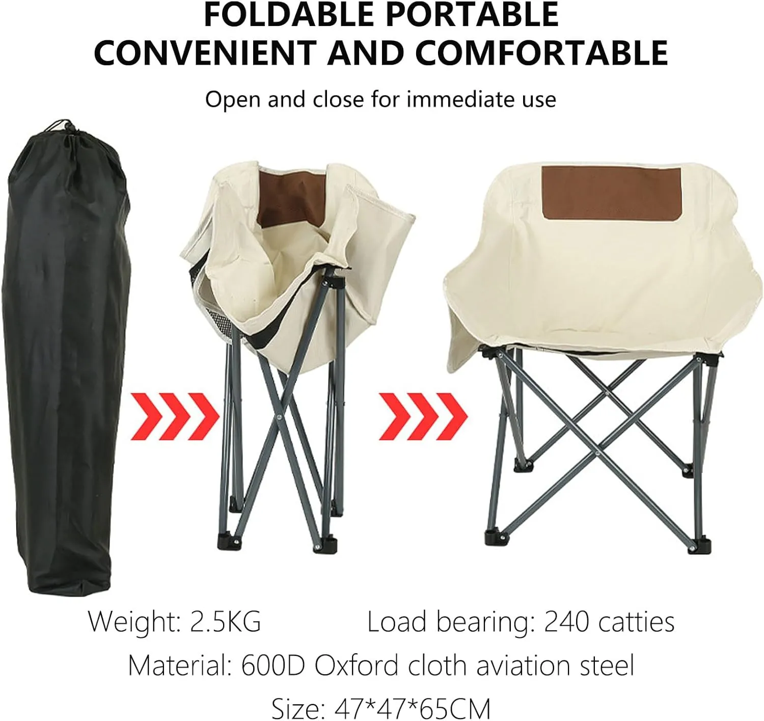 Oversized Padded Camping Sport Chairs Cooler Bag Collapsible Folding Chair Portable Support 265 LBS with Back for Outdoor Fishing Garden-White