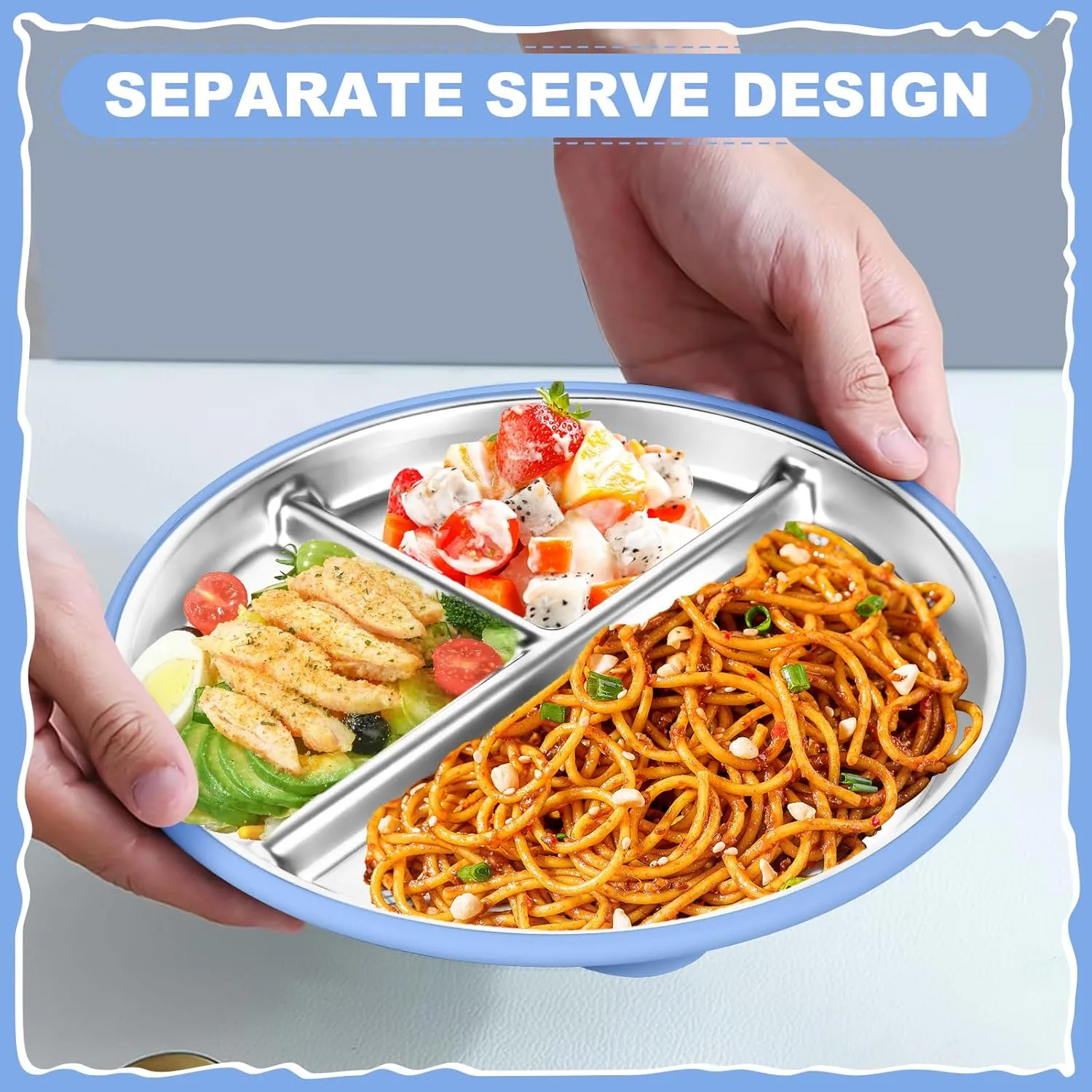 OVV Stainless Steel Kids Plates (2 Pack) 9 Inch Toddler Divided Plates with ﻿Removable Silicone Sleeves & 5 Suction Cups Baby Self Feeding | Mess-Free Mealtime | Dishwasher Safe