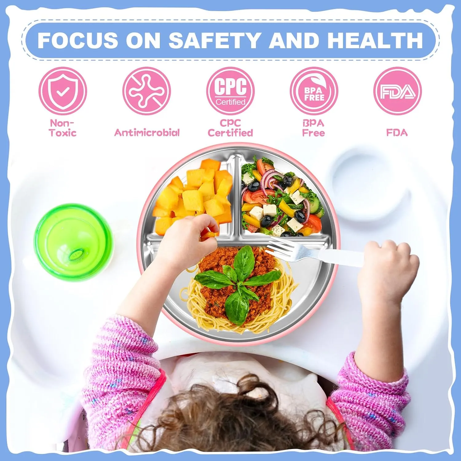 OVV Stainless Steel Kids Plates (2 Pack) 9 Inch Toddler Divided Plates with ﻿Removable Silicone Sleeves & 5 Suction Cups Baby Self Feeding | Mess-Free Mealtime | Dishwasher Safe