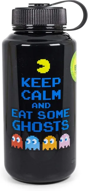 PAC-MAN "Keep Calm and Eat Some Ghosts" Water Bottle | BPA-Free Large Plastic Water Jug With Screw Top Lid | Hydration For Outdoor Sports, Gym, Yoga | Holds 32 Ounces