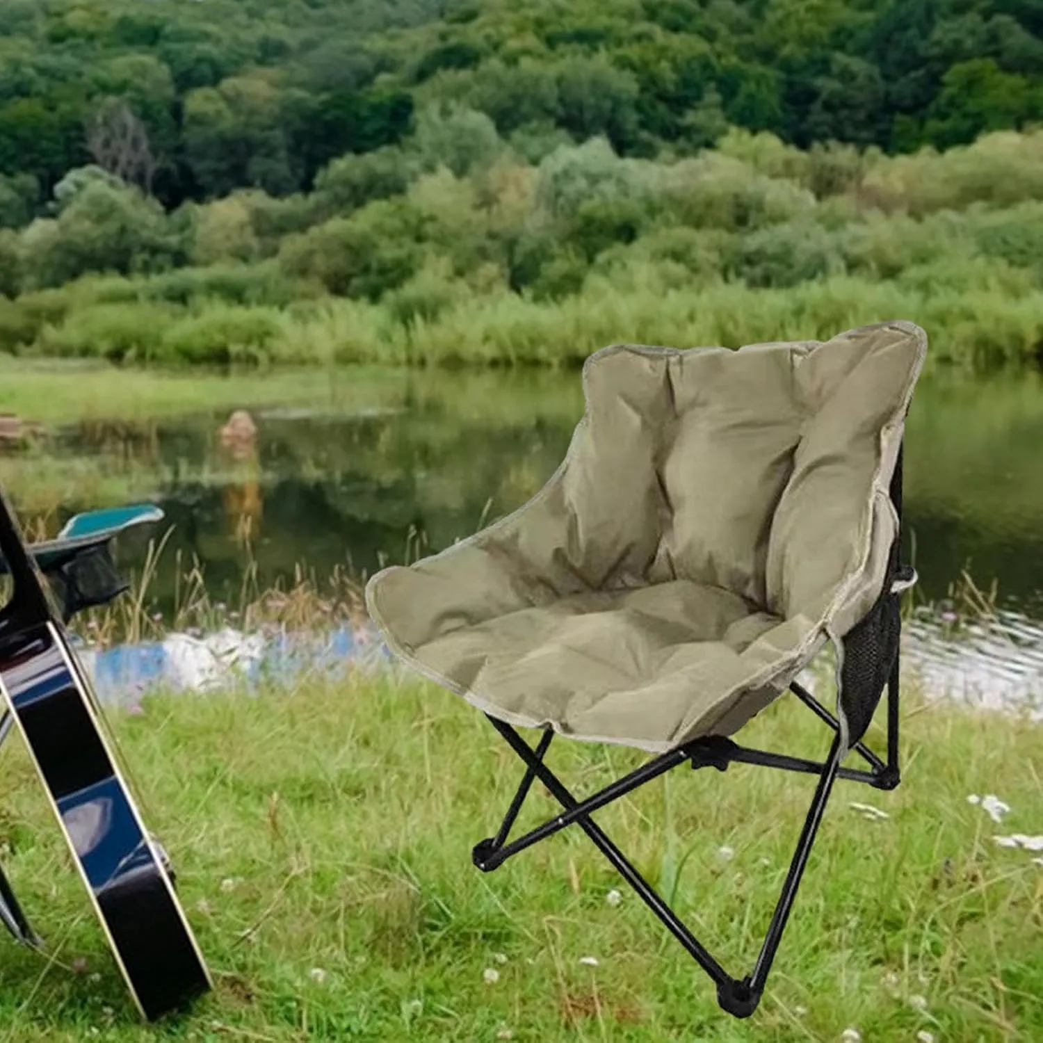 Padded Camping Chair Moon Chair Accessories Back Support Stool Lazy Sofa Folding Seat Padded Cushion, Khaki