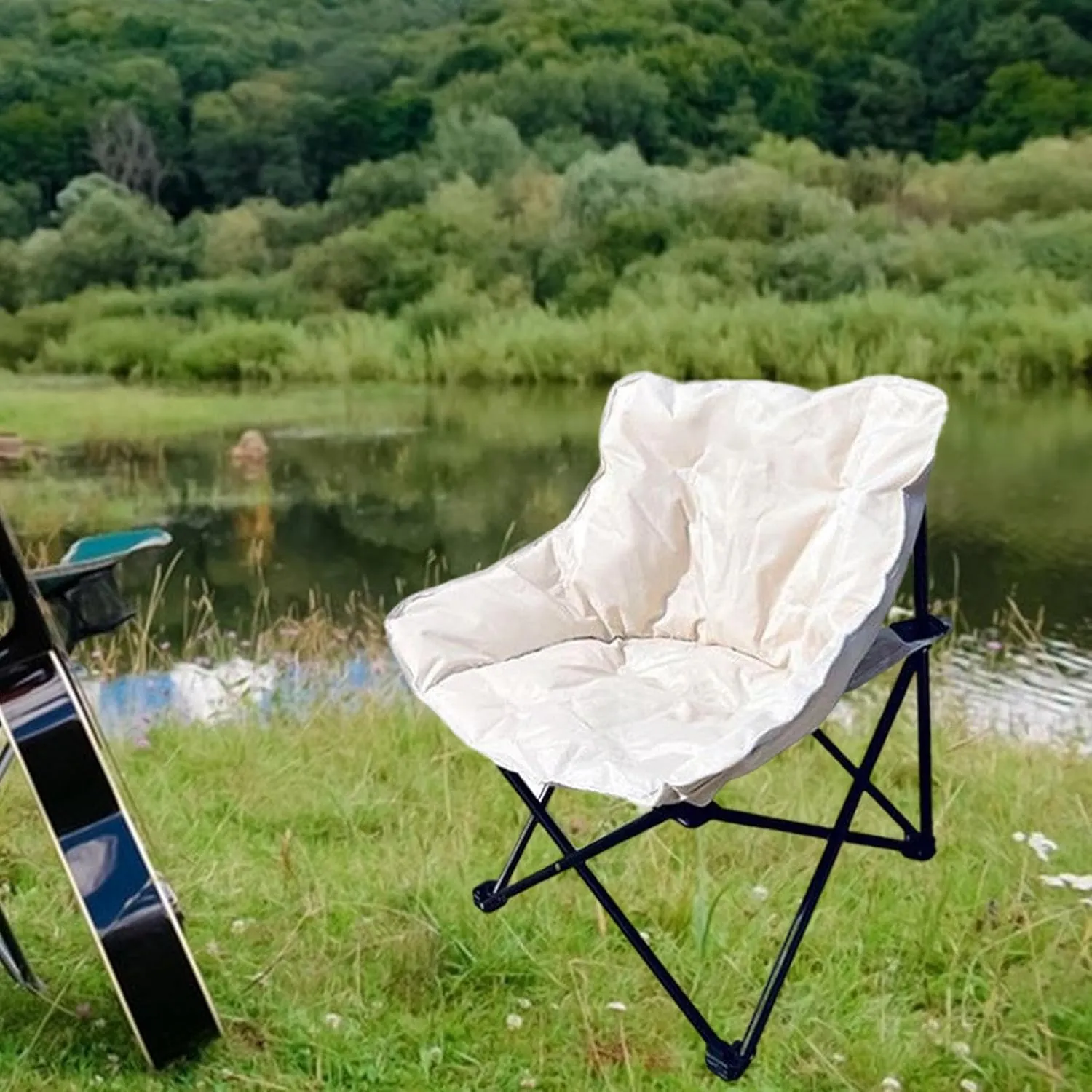 Padded Camping Chair Moon Chair Accessories Back Support Stool Lazy Sofa Folding Seat Padded Cushion, White