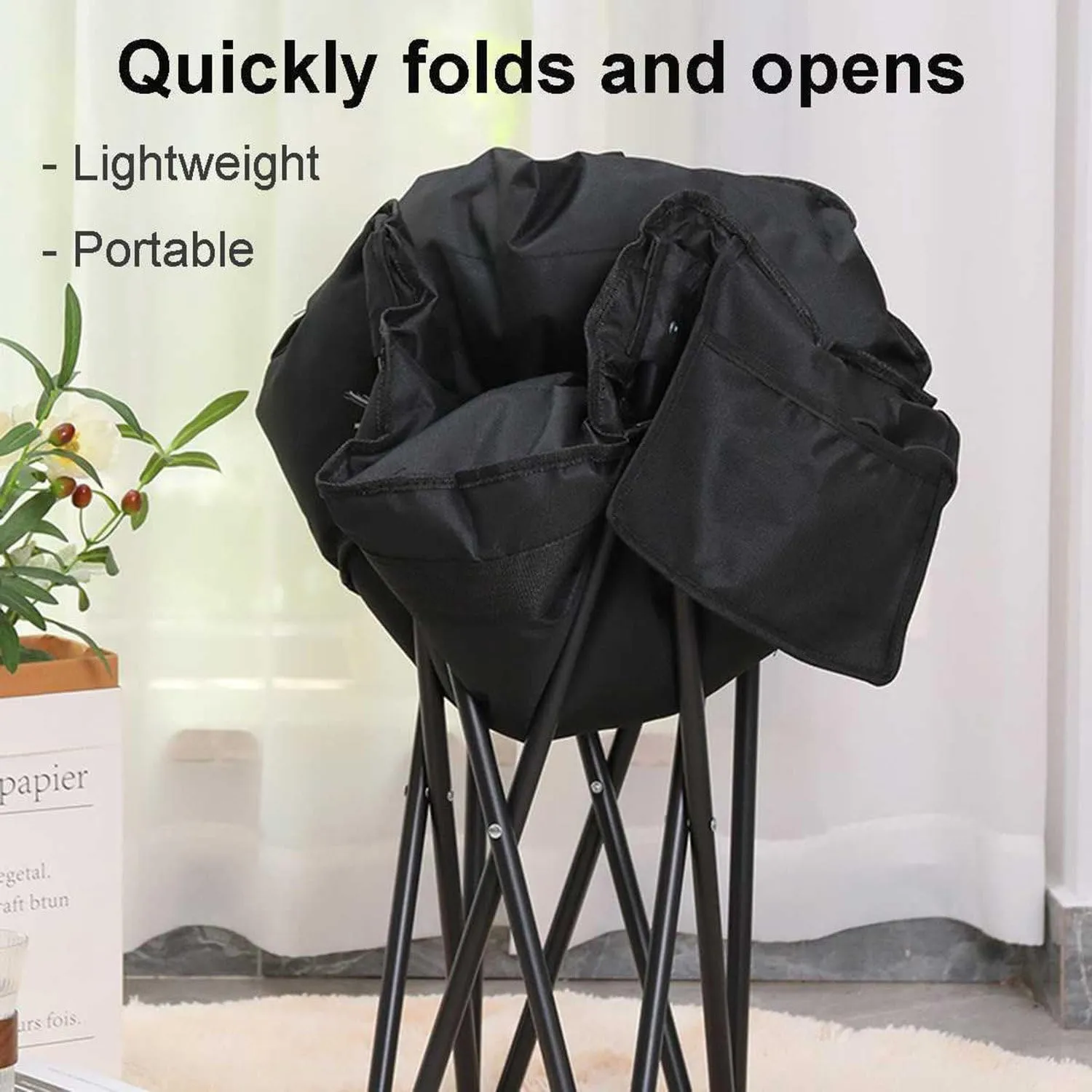 Padded Folding Chair, Oversized Heated Camping Chair, Portable Heated Cushion Folding Chair with 3 Heat Levels, Padded Camping Chair Supports 420lbs, Portable Folding Heated Chair,Black-66x43x43cm