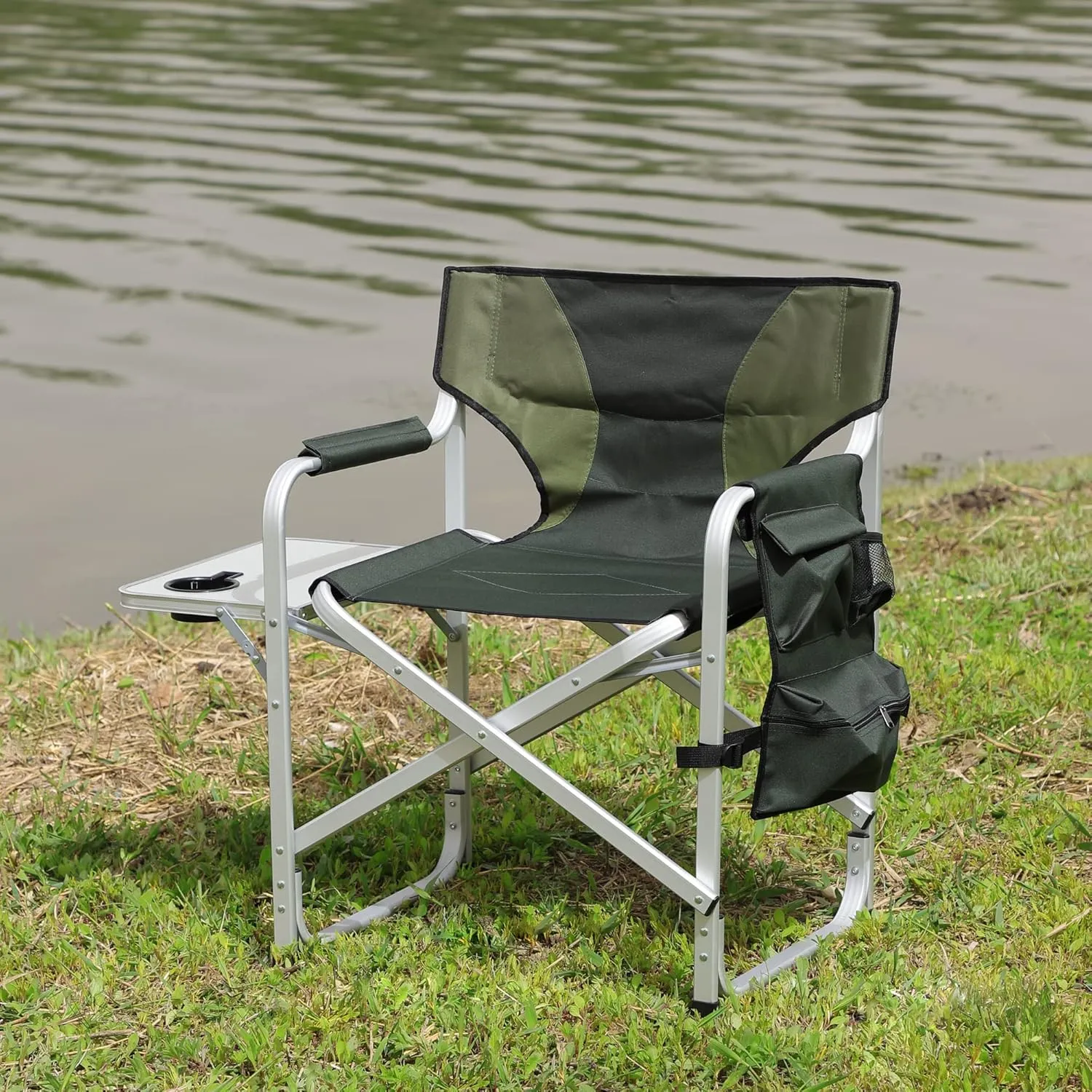 Padded Folding Outdoor Chair with Side Table and Storage Pockets, Lightweight Oversized Design, Green