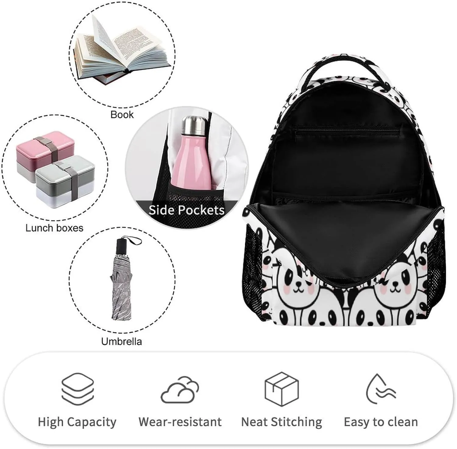 Panda School Backpack for Kids Girls Boys, 16 Inch Cute Pandas Themed Bookbag, Personalized School Backpack for Students Children, Lightweight, Large Capacity
