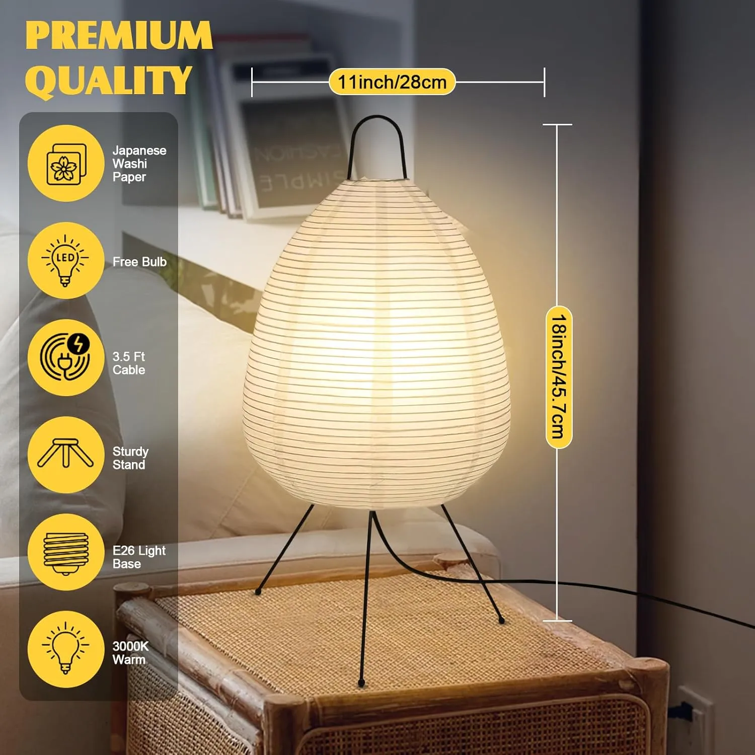 Paper Table Lamp Dimmable Japanese Lantern Lamps with Rice Paper Shade Decoration Standing Light for Bedroom Livingroom Dresser College Dorm Coffee (Classic)