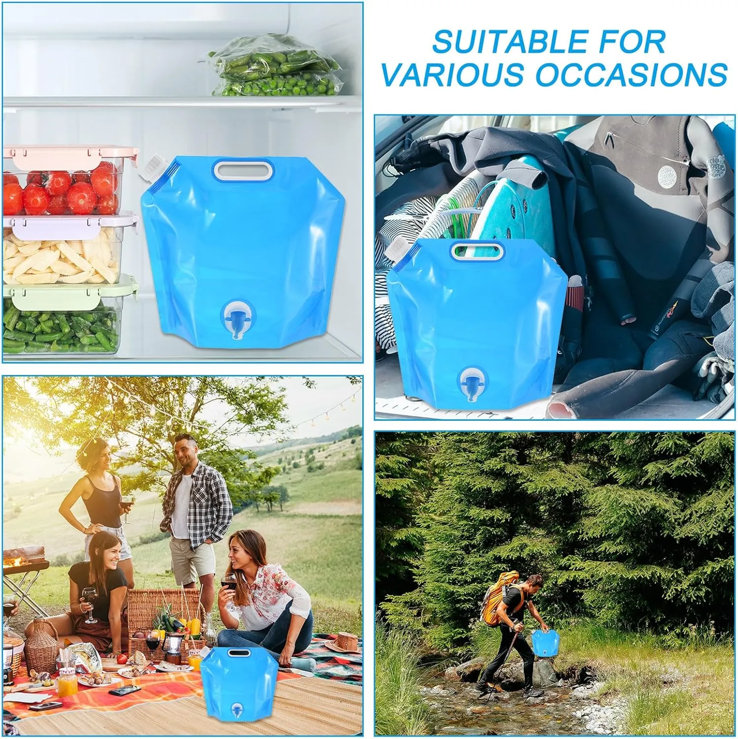 PATIKIL 1.3 Gallon Collapsible Water Container Bag with Spigot, 3 Pack PE Folding Water Jug Carrier for Camping, Hiking, Emergency Water Storage, Blue