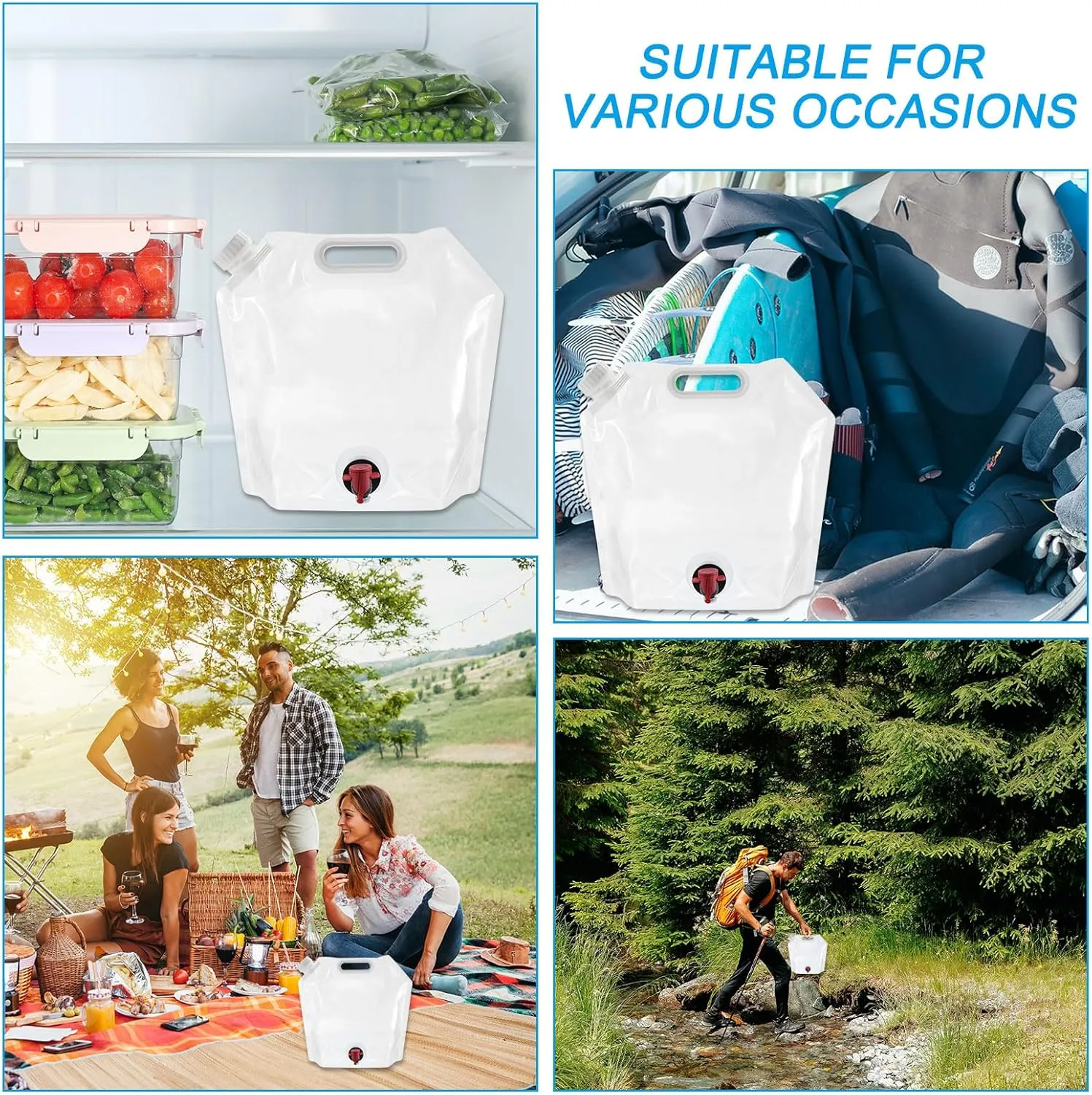 PATIKIL 1.3 Gallon Collapsible Water Container Bag with Spigot, 3 Pack PE Folding Water Jug Carrier for Camping, Hiking, Emergency Water Storage, White