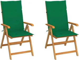 Patio Chairs 2 Pcs with Green Cushions Solid Teak Wood Foldable Reclining Outdoor Lounge Chairs for Garden Backyard Poolside