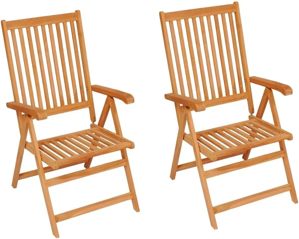 Patio Chairs 2 Pcs with Green Cushions Solid Teak Wood Foldable Reclining Outdoor Lounge Chairs for Garden Backyard Poolside