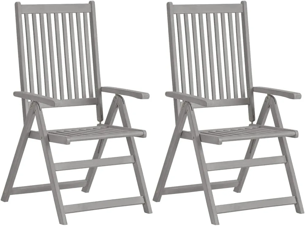 Patio Reclining Chairs 2 pcs Gray Solid Acacia Wood Folding Lounge Chairs for Outdoor Patio, Garden, Backyard, Adjustable Recliner with 5 Positions for Comfort