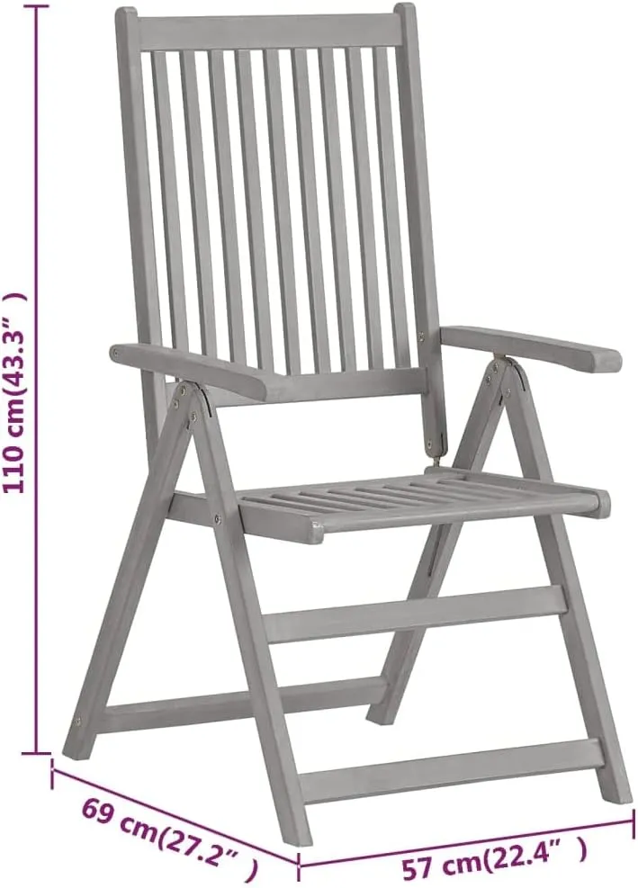 Patio Reclining Chairs 2 pcs Gray Solid Acacia Wood Folding Lounge Chairs for Outdoor Patio, Garden, Backyard, Adjustable Recliner with 5 Positions for Comfort