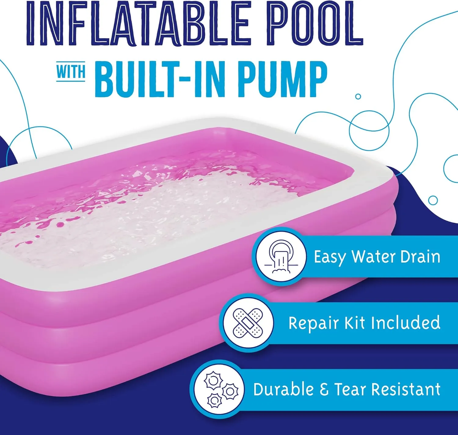 Pattern Inflatable Swimming Pool (120" x 72.8" x 23.6") Built-in Air Pump Inflatable Kiddie Pool, Family Pools for Kids and Adults - Self Inflating Backyard Blow Up Pool for Toddlers & Babies (Large)