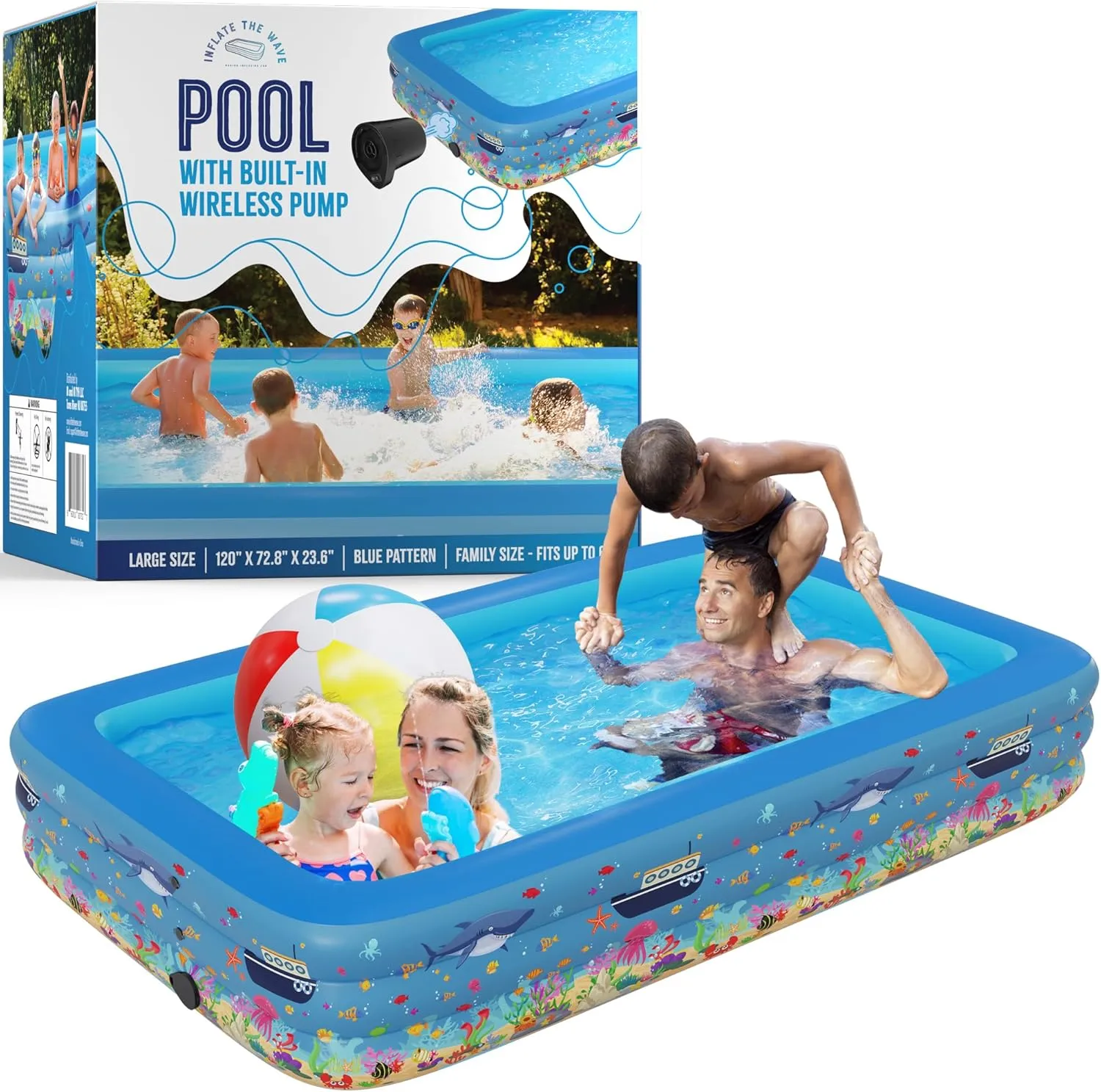 Pattern Inflatable Swimming Pool (120" x 72.8" x 23.6") Built-in Air Pump Inflatable Kiddie Pool, Family Pools for Kids and Adults - Self Inflating Backyard Blow Up Pool for Toddlers & Babies (Large)
