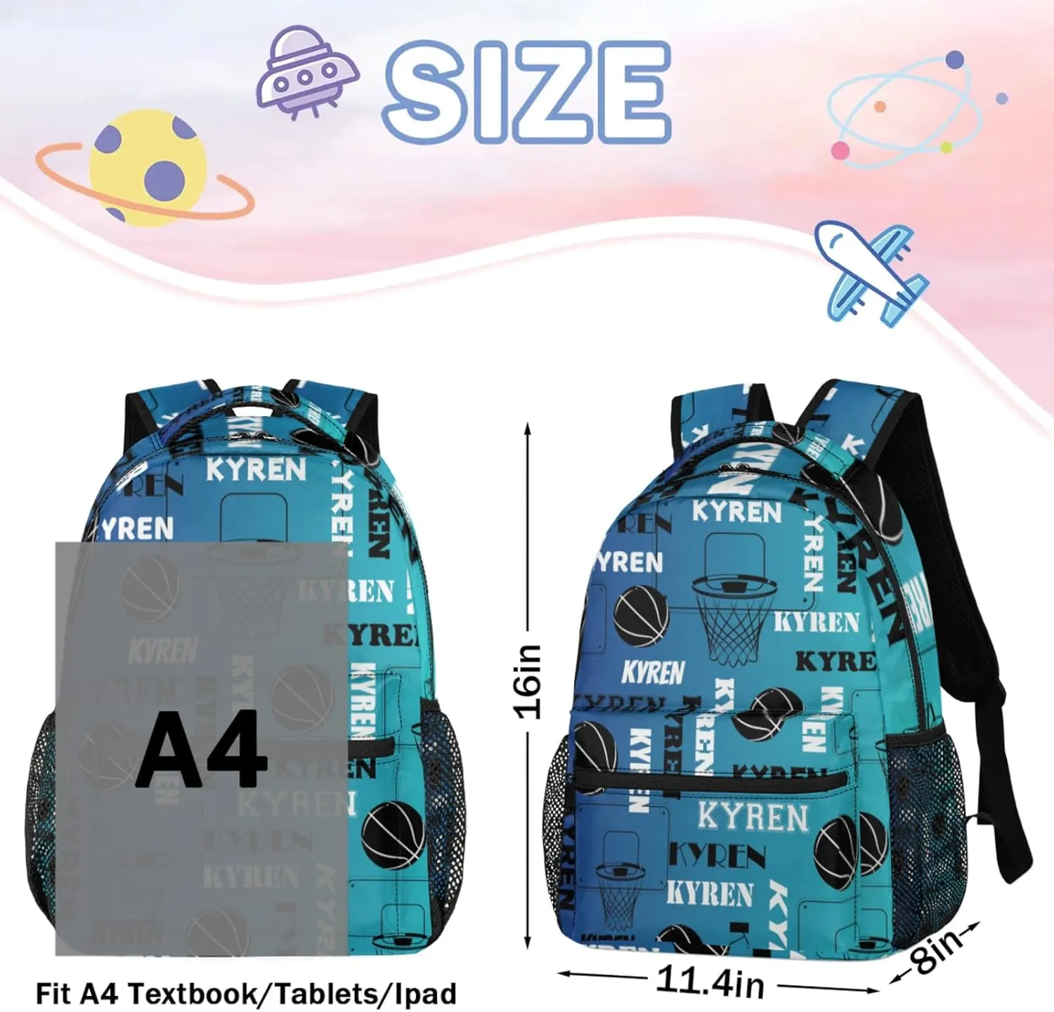 Personalized Basketball Backpack for Men Women, Custom Laptop Backpack with Name, Sports Bag Lightweight Daypack for Travel Camping, Blue