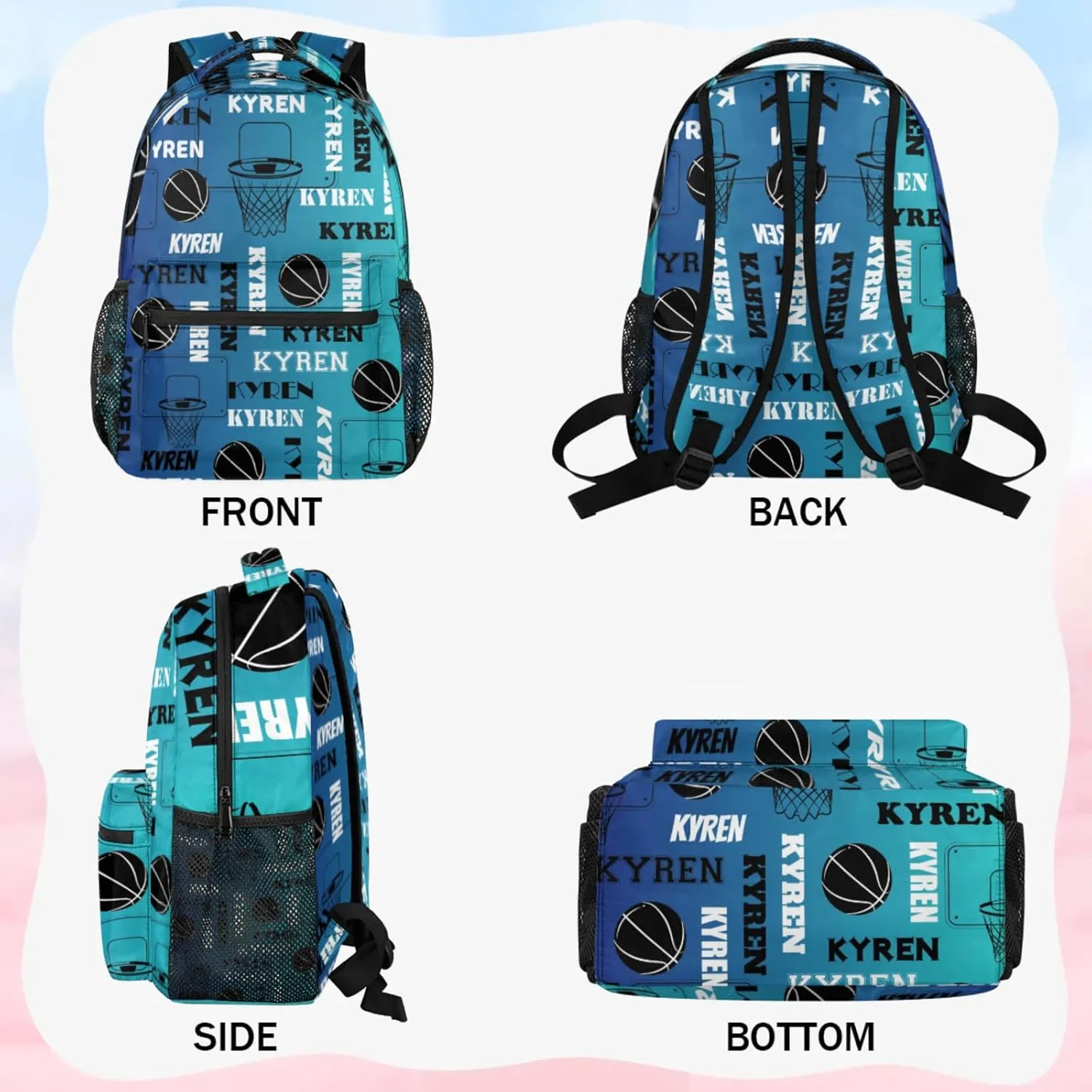 Personalized Basketball Backpack for Men Women, Custom Laptop Backpack with Name, Sports Bag Lightweight Daypack for Travel Camping, Blue
