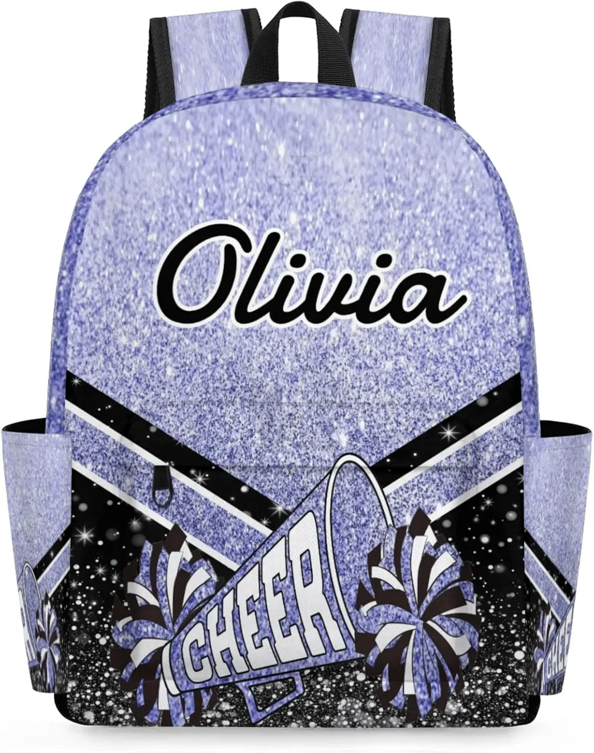 Personalized Cheer Backpacks for Cheerleaders, Custom Name Large Capacity Casual Daypack, Blue Purple Glitter 15 Inch Shoulder Bag