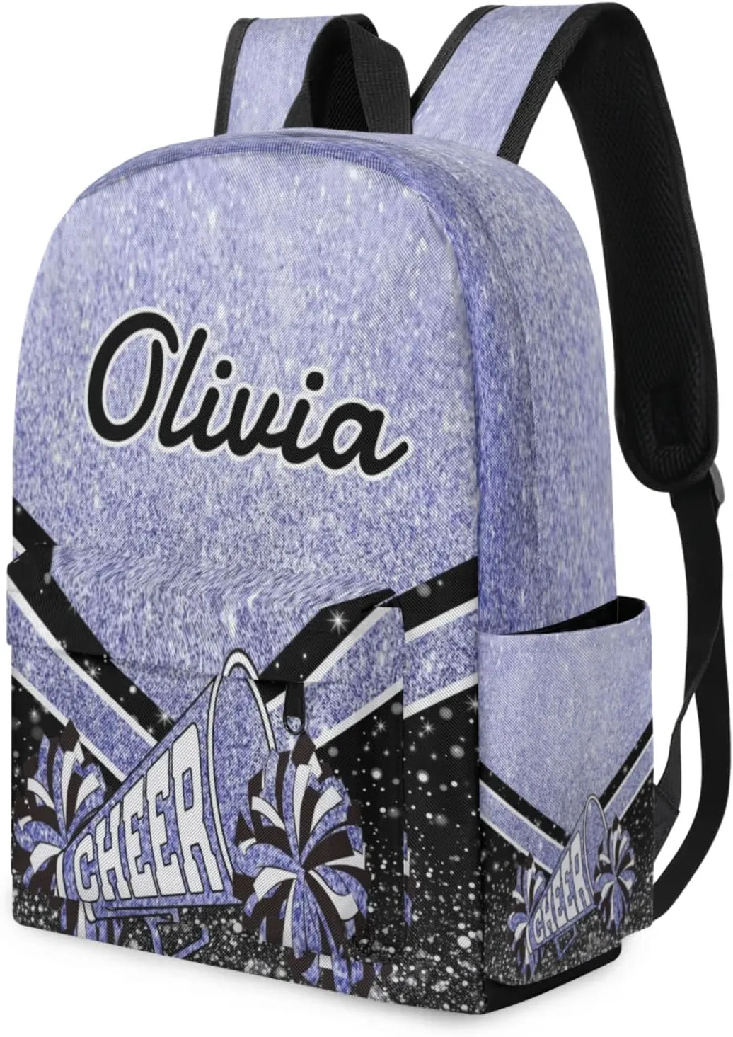 Personalized Cheer Backpacks for Cheerleaders, Custom Name Large Capacity Casual Daypack, Blue Purple Glitter 15 Inch Shoulder Bag