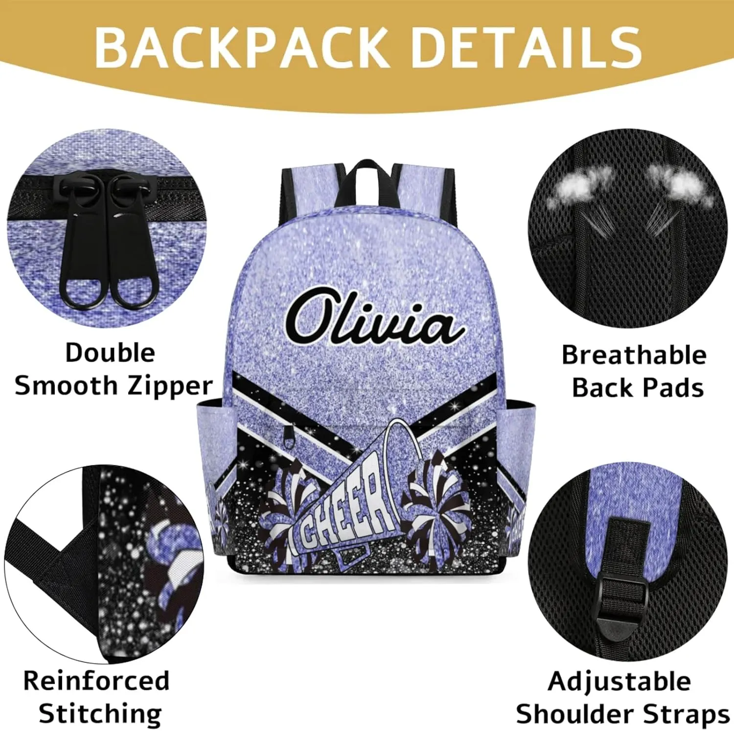 Personalized Cheer Backpacks for Cheerleaders, Custom Name Large Capacity Casual Daypack, Blue Purple Glitter 15 Inch Shoulder Bag