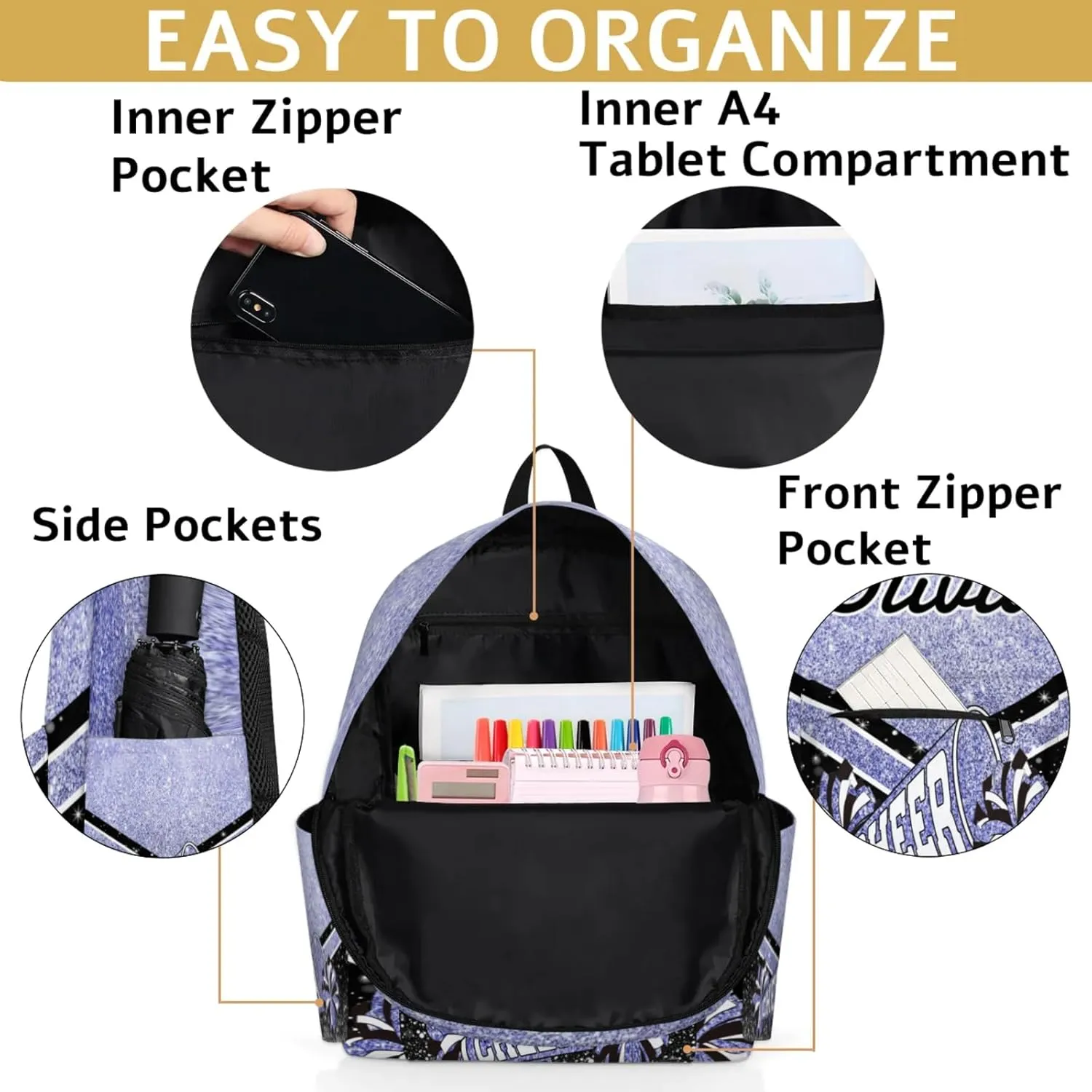 Personalized Cheer Backpacks for Cheerleaders, Custom Name Large Capacity Casual Daypack, Blue Purple Glitter 15 Inch Shoulder Bag