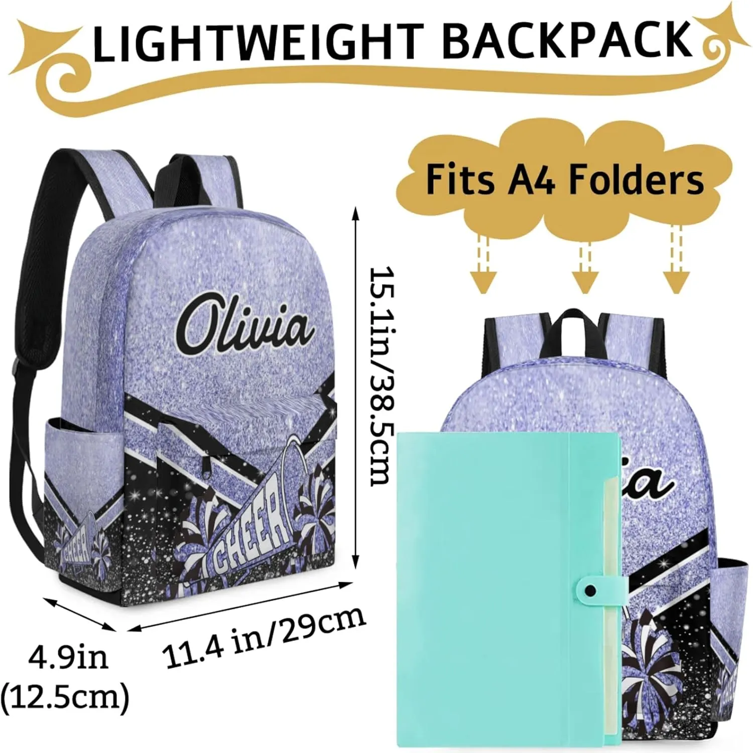 Personalized Cheer Backpacks for Cheerleaders, Custom Name Large Capacity Casual Daypack, Blue Purple Glitter 15 Inch Shoulder Bag