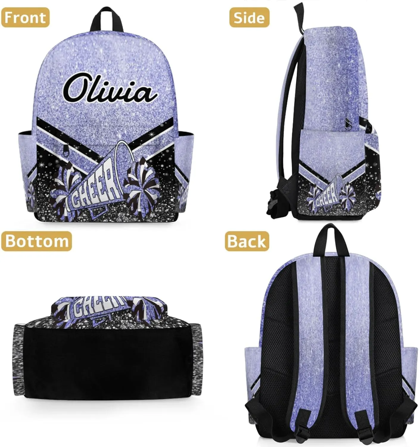 Personalized Cheer Backpacks for Cheerleaders, Custom Name Large Capacity Casual Daypack, Blue Purple Glitter 15 Inch Shoulder Bag