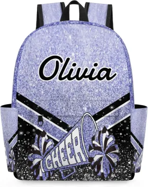 Personalized Cheer Backpacks for Cheerleaders, Custom Name Large Capacity Casual Daypack, Blue Purple Glitter 15 Inch Shoulder Bag