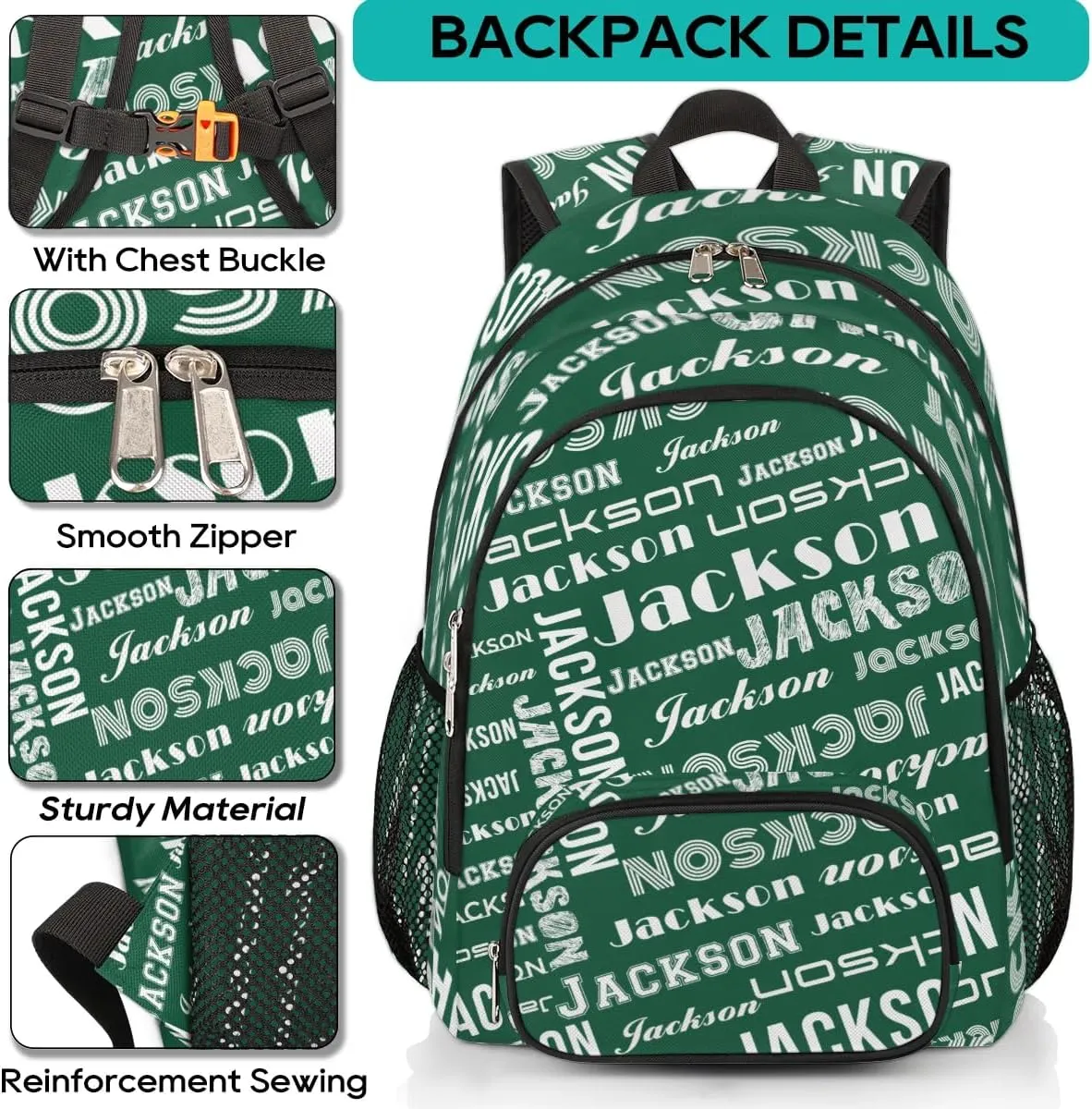 Personalized Daypack with Name Text, Lightweight Custom Backpack Carry On Bag for Travel, Business Trip, Picnic, Blackish Green