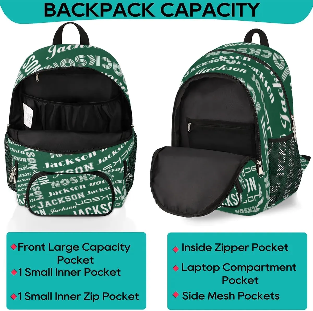 Personalized Daypack with Name Text, Lightweight Custom Backpack Carry On Bag for Travel, Business Trip, Picnic, Blackish Green