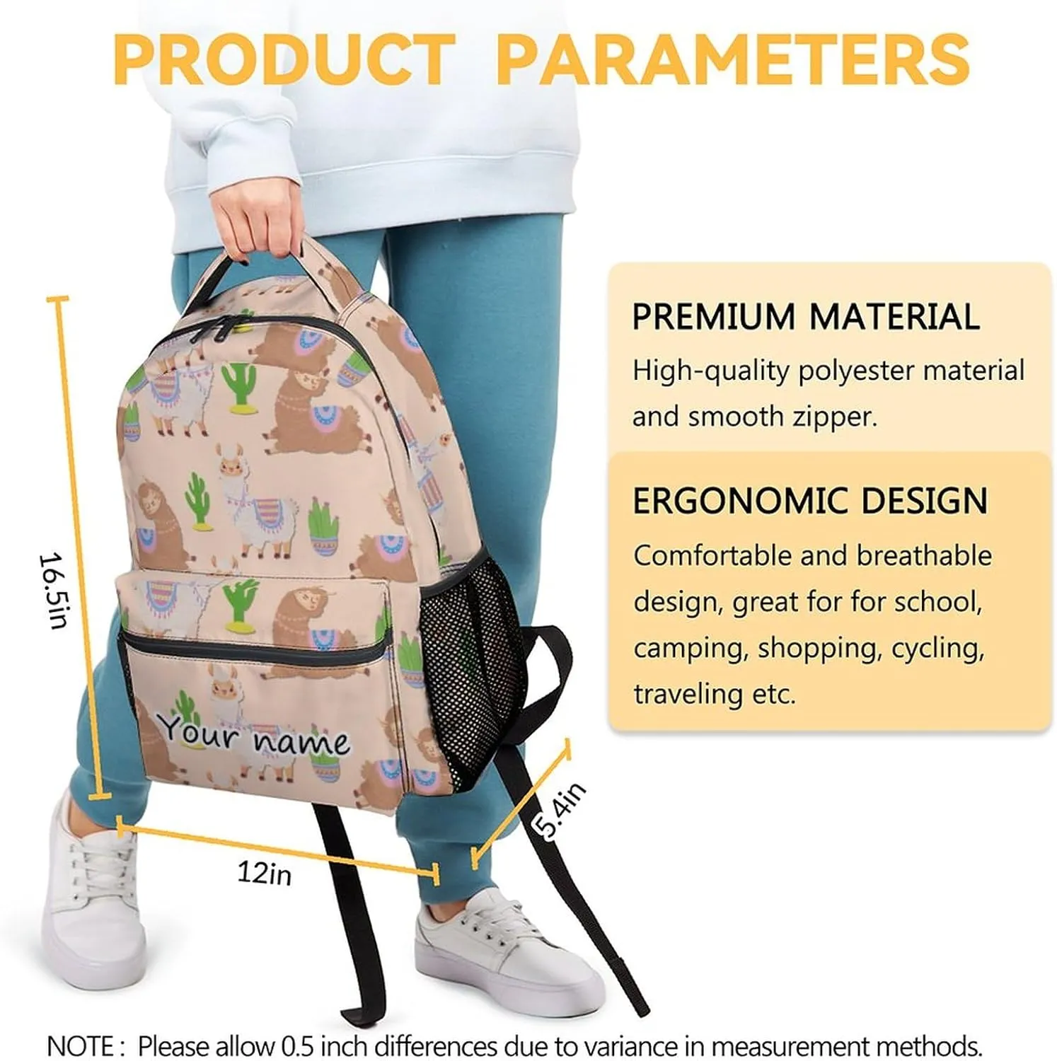 Personalized Llama Backpacks for Girls Boys, 16 Inch Cute Backpack for School, Yellow, Large Capacity, Durable, Lightweight Bookbag for Kids Travel