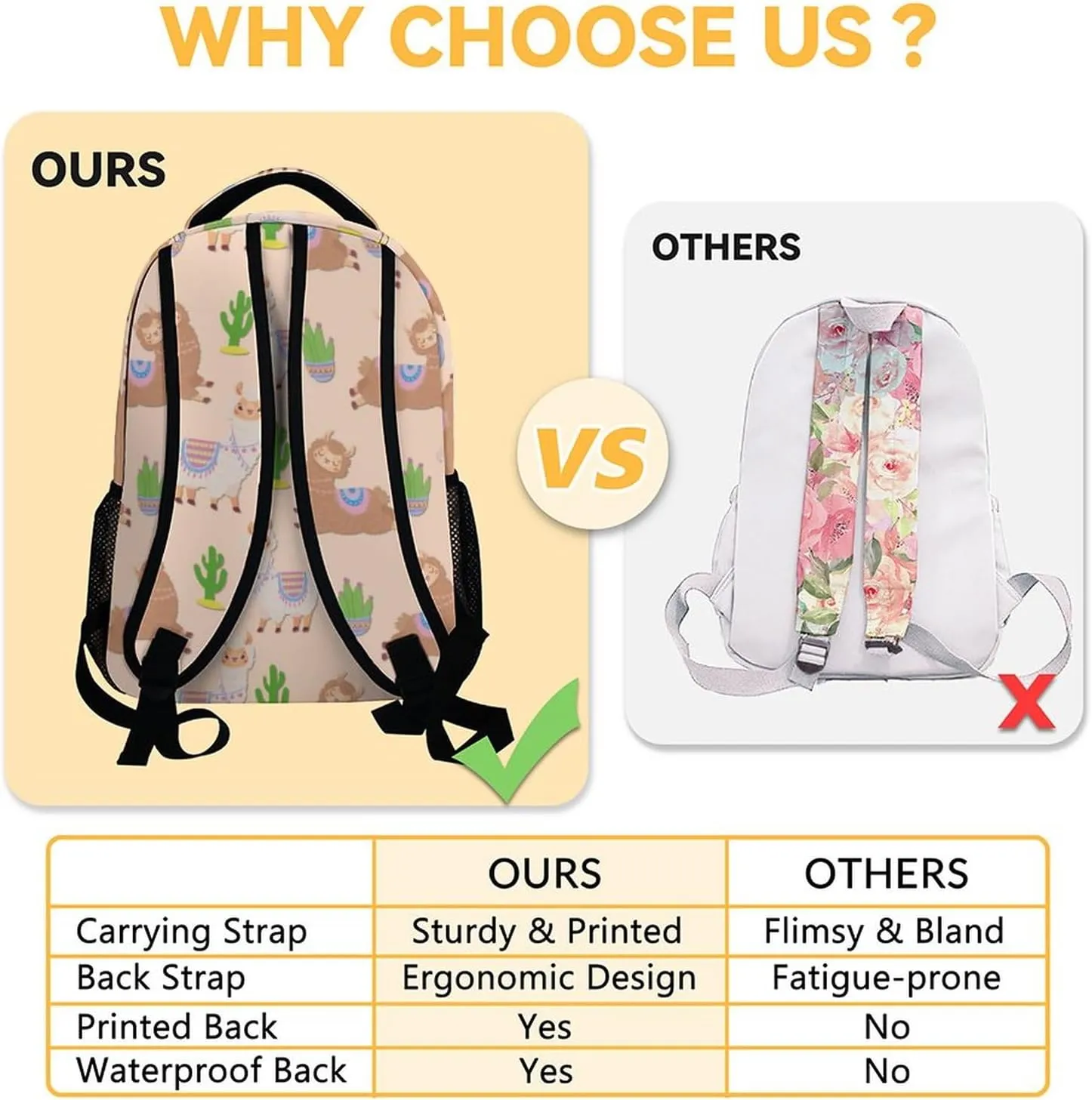 Personalized Llama Backpacks for Girls Boys, 16 Inch Cute Backpack for School, Yellow, Large Capacity, Durable, Lightweight Bookbag for Kids Travel