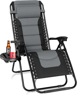 PHI VILLA Padded Zero Gravity Lounge Chair Folding Patio Recliner with Adjustable Headrest & Cup Holder, Support 350 LBS (Grey)