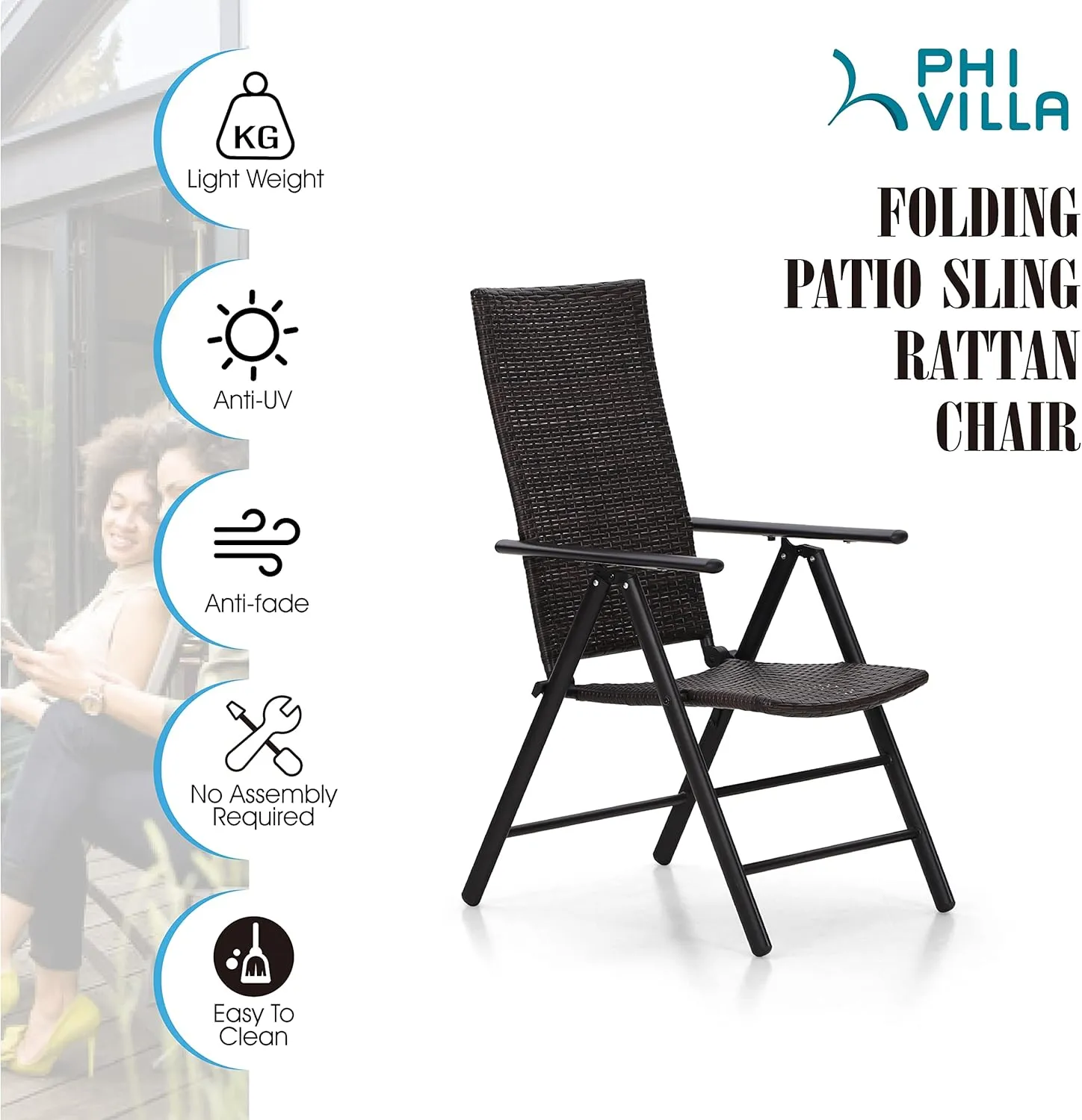 PHI VILLA Patio Wicker Dining Chairs Set of 2, Adjustable Folding Patio Chairs Outdoor Rattan Wicker Chairs for Deck, Porch, Poolside, Yard