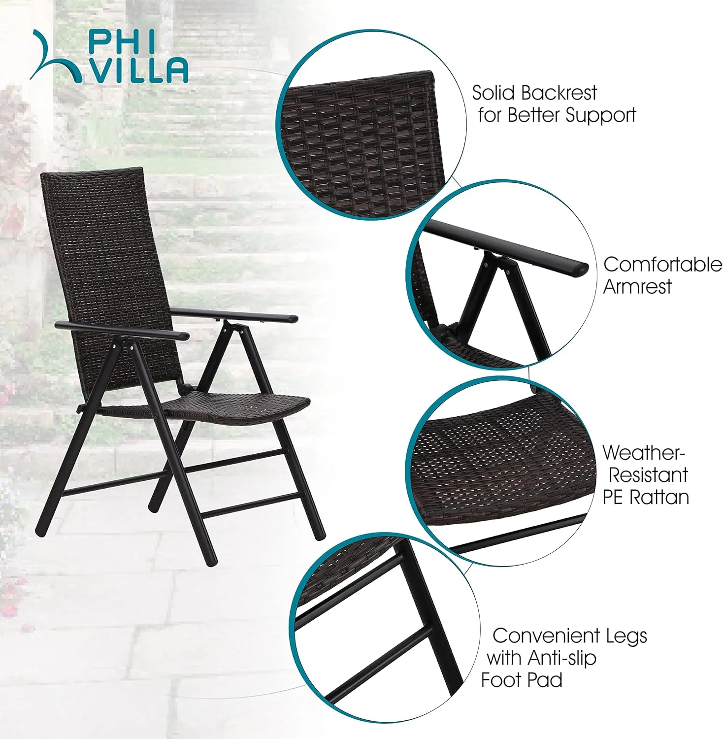 PHI VILLA Patio Wicker Dining Chairs Set of 2, Adjustable Folding Patio Chairs Outdoor Rattan Wicker Chairs for Deck, Porch, Poolside, Yard
