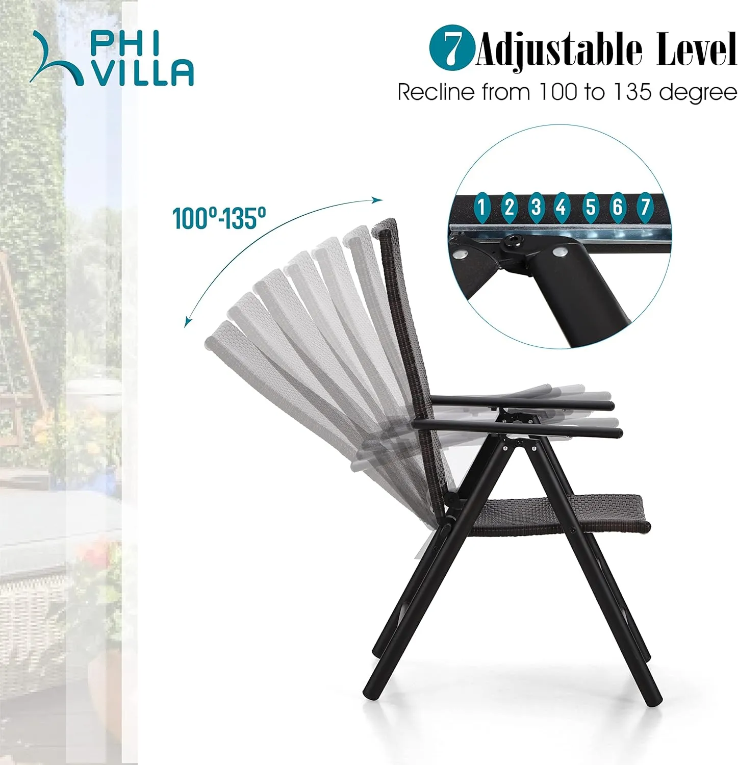 PHI VILLA Patio Wicker Dining Chairs Set of 2, Adjustable Folding Patio Chairs Outdoor Rattan Wicker Chairs for Deck, Porch, Poolside, Yard
