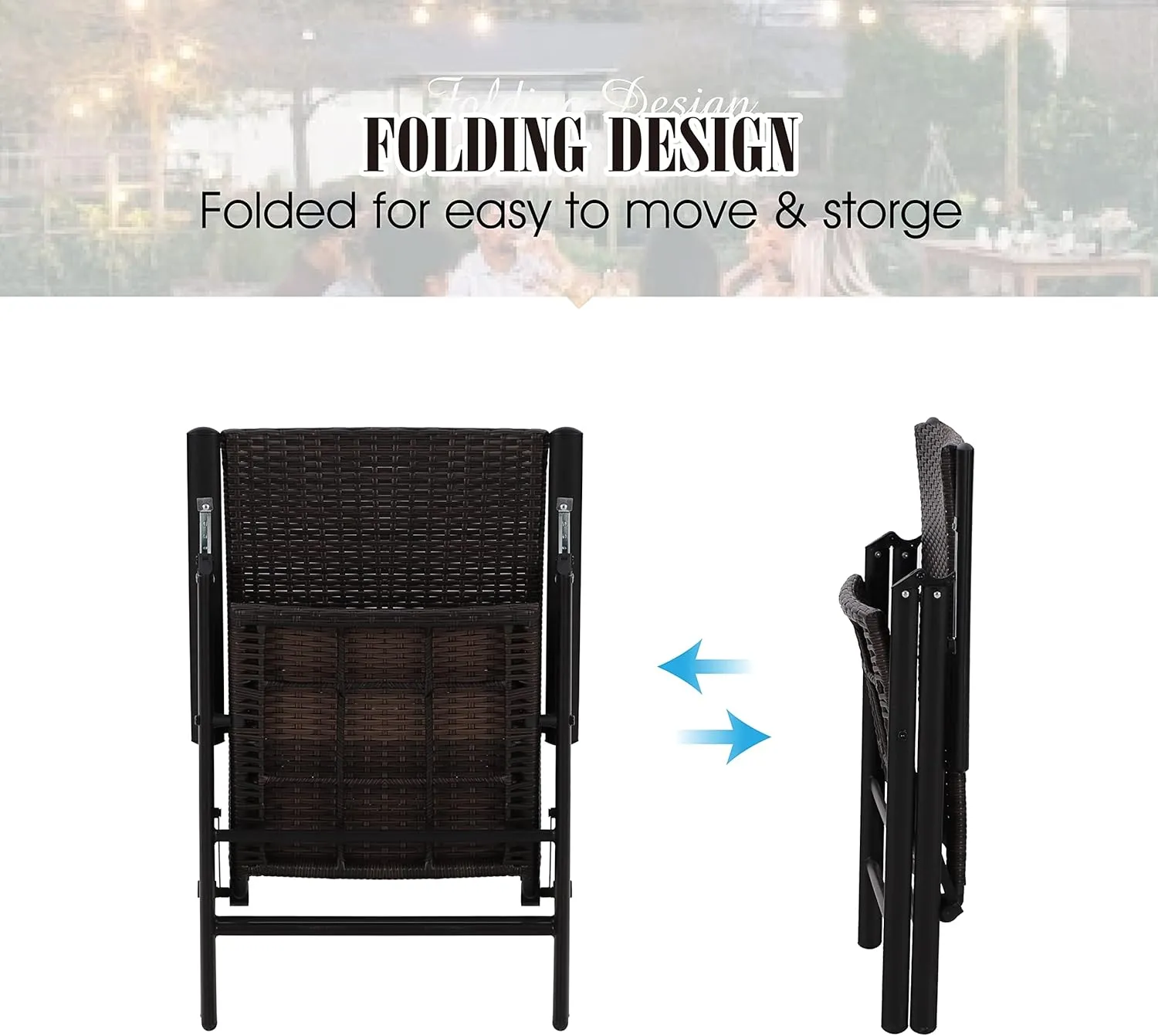 PHI VILLA Patio Wicker Dining Chairs Set of 2, Adjustable Folding Patio Chairs Outdoor Rattan Wicker Chairs for Deck, Porch, Poolside, Yard