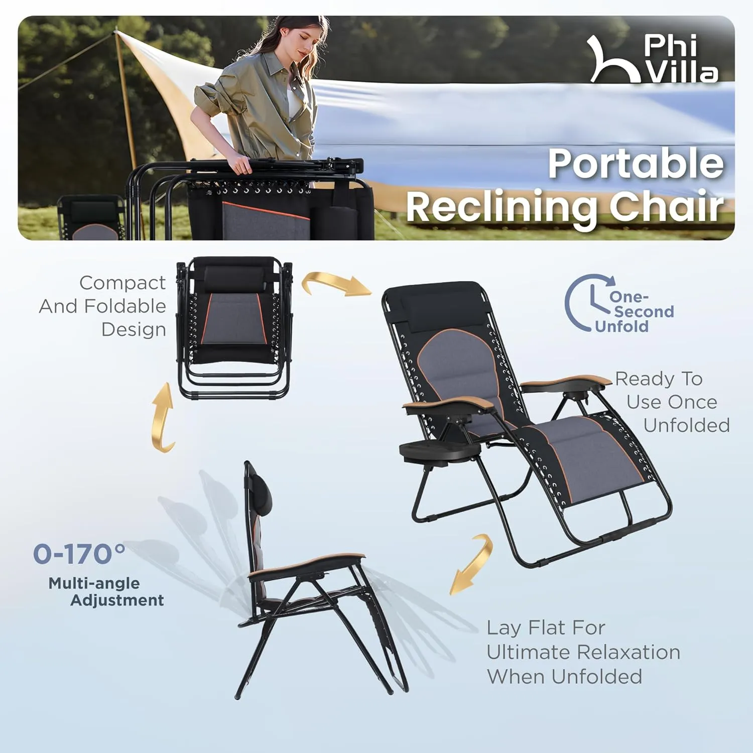 PHI VILLA XXL Oversized Padded Zero Gravity Chair, Foldable Patio Recliner, 30" Wide Seat Anti Gravity Lounger with Cup Holder, Support 400 LBS (Black)