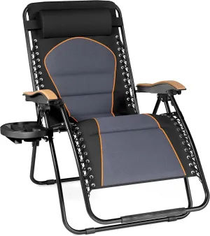 PHI VILLA XXL Oversized Padded Zero Gravity Chair, Foldable Patio Recliner, 30" Wide Seat Anti Gravity Lounger with Cup Holder, Support 400 LBS (Black)