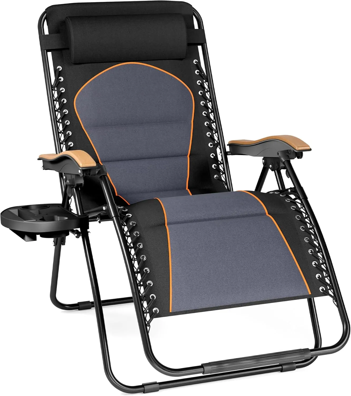 PHI VILLA XXL Oversized Padded Zero Gravity Chair, Foldable Patio Recliner, 30" Wide Seat Anti Gravity Lounger with Cup Holder, Support 400 LBS (Black)