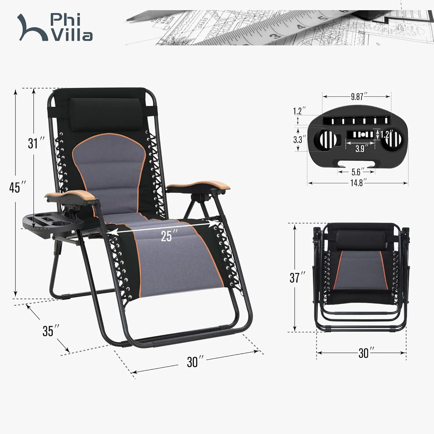 PHI VILLA XXL Oversized Padded Zero Gravity Chair, Foldable Patio Recliner, 30" Wide Seat Anti Gravity Lounger with Cup Holder, Support 400 LBS (Black)